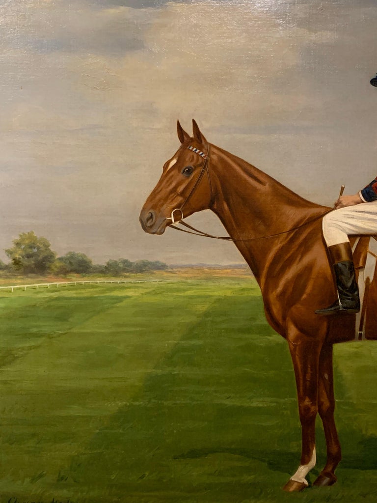 Clarence Hailey Racehorse Antique Oil Painting Equestrian Portrait with Jockey Up at Newmarket