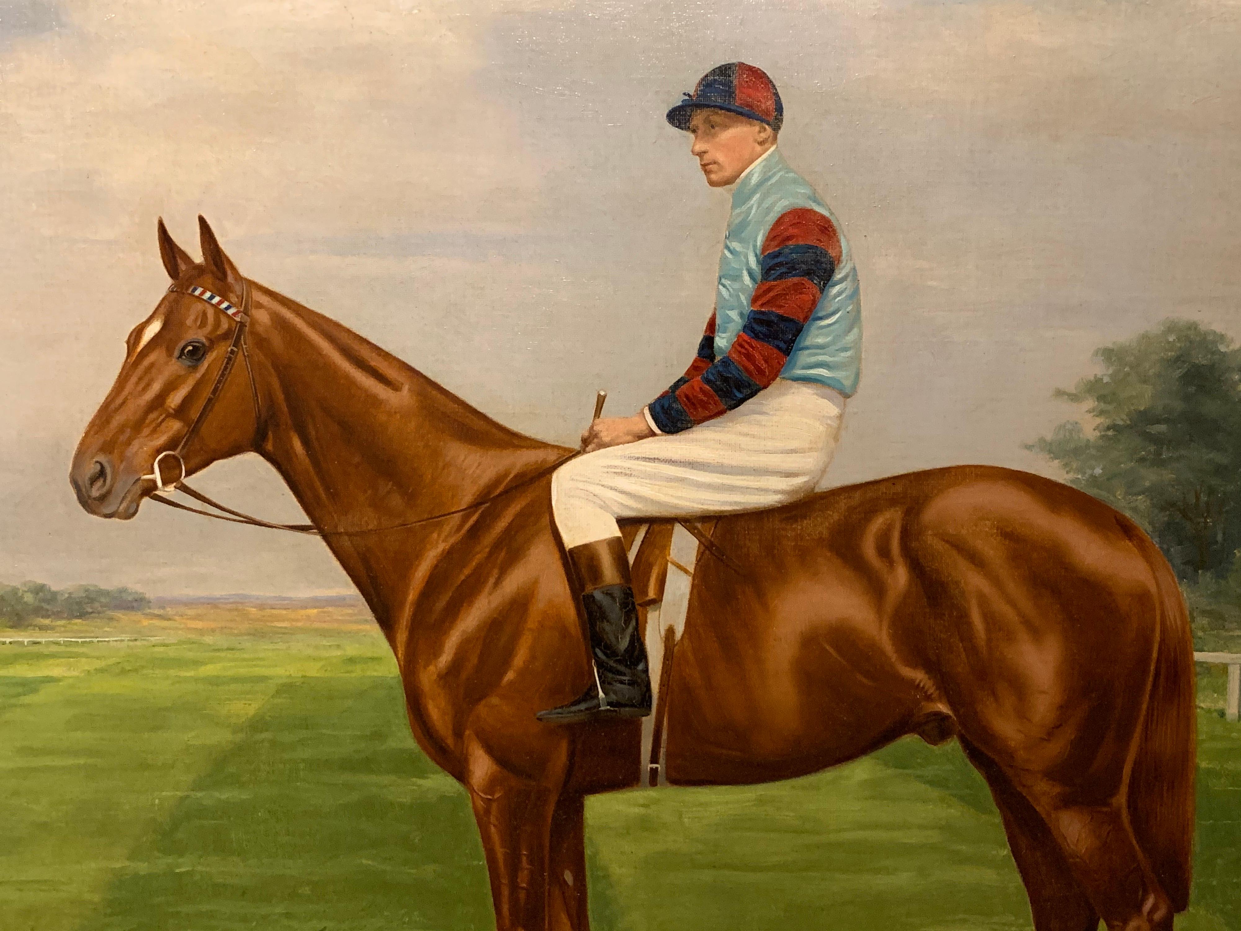 Racehorse Antique Oil Painting Equestrian Portrait with Jockey Up at Newmarket - Brown Landscape Painting by Clarence Hailey