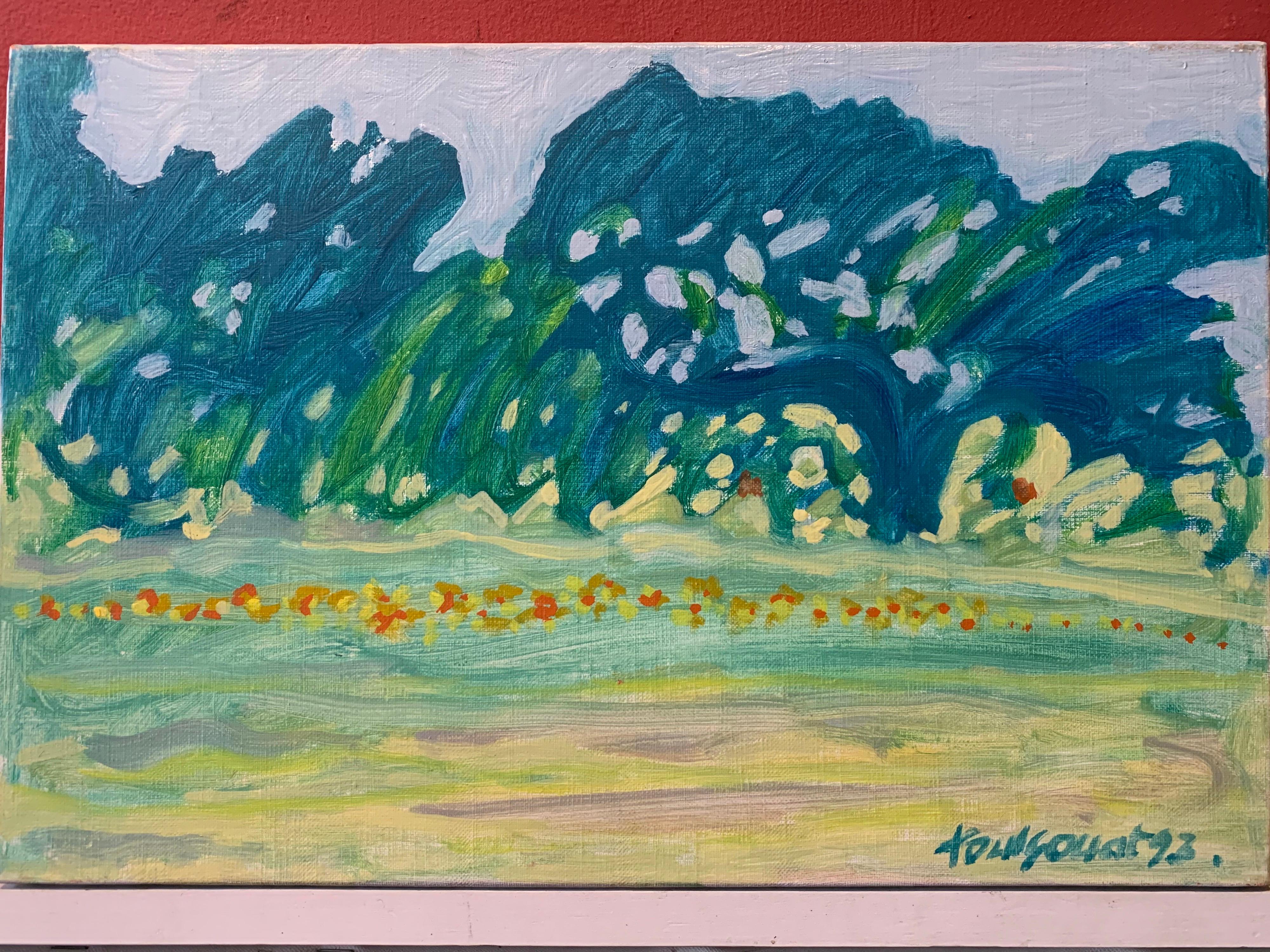 Matin au Jardin Signed Oil Painting famous Giverny Monet Family artist - Blue Landscape Painting by JEAN MARIE TOULGOUAT (1927-2006)