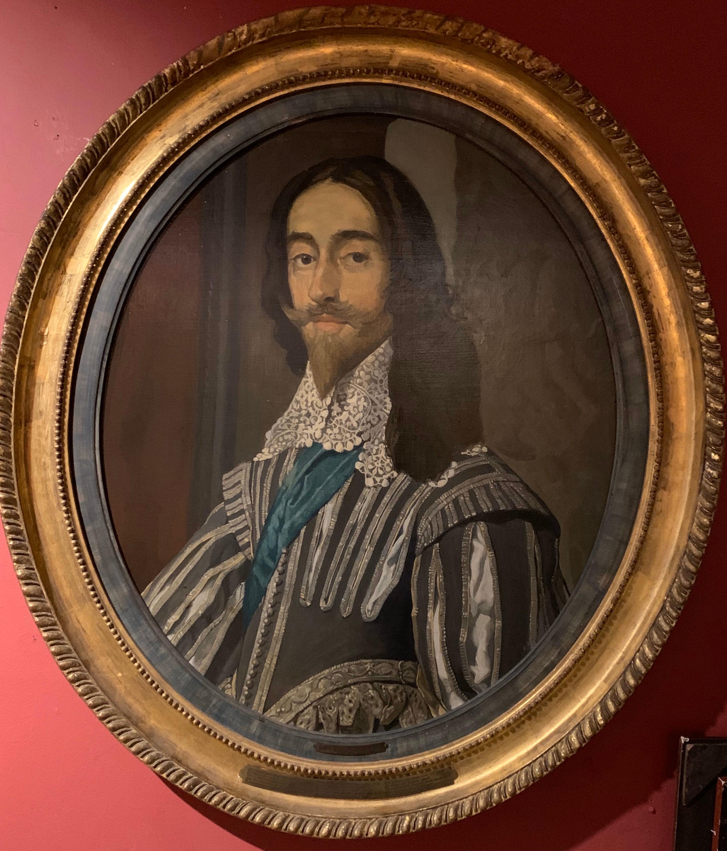 Unknown Figurative Painting - King Charles I of England, Large Antique Oval Oil Painting on Panel, Framed