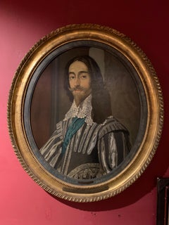 King Charles I of England, Large Antique Oval Oil Painting on Panel, Framed