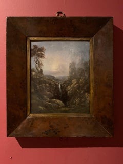 The Highland Waterfall Victorian Oil Painting on Wood Panel, Framed