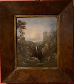 The Highland Waterfall - Peinture à l'huile victorienne sur panneau de bois:: encadrée