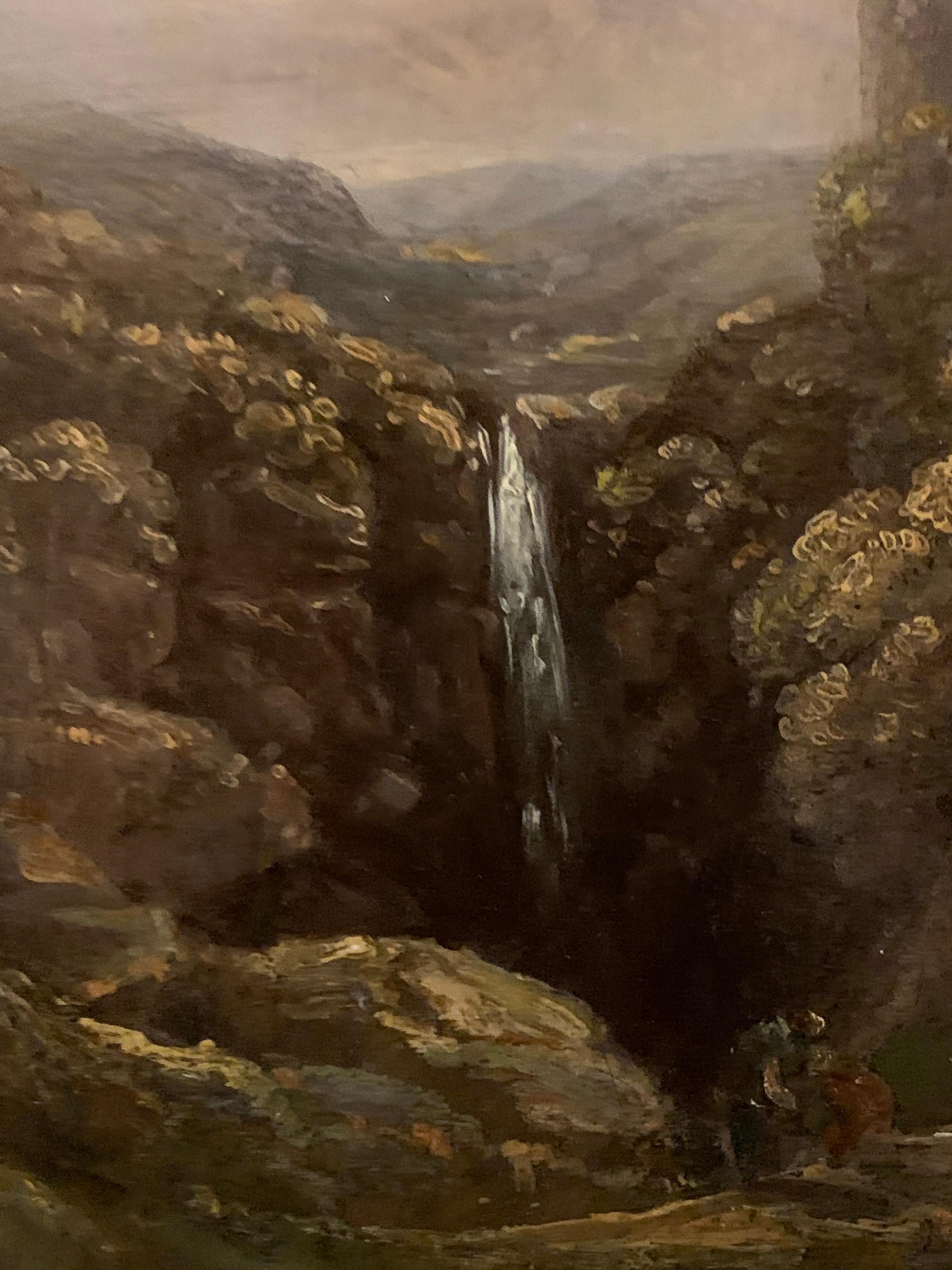 The Highland Waterfall Victorian Oil Painting on Wood Panel, Framed - Black Landscape Painting by Horatio McCulloch (1805-1867)