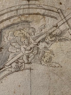 École géorgienne 17ème siècle:: maître ancien dessinateur d'encre:: intérieur de cathédrale et chérubins