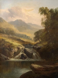 Waterfall in Scottish Highland Landscape Sheep Grazing Tranquil Victorian Oil