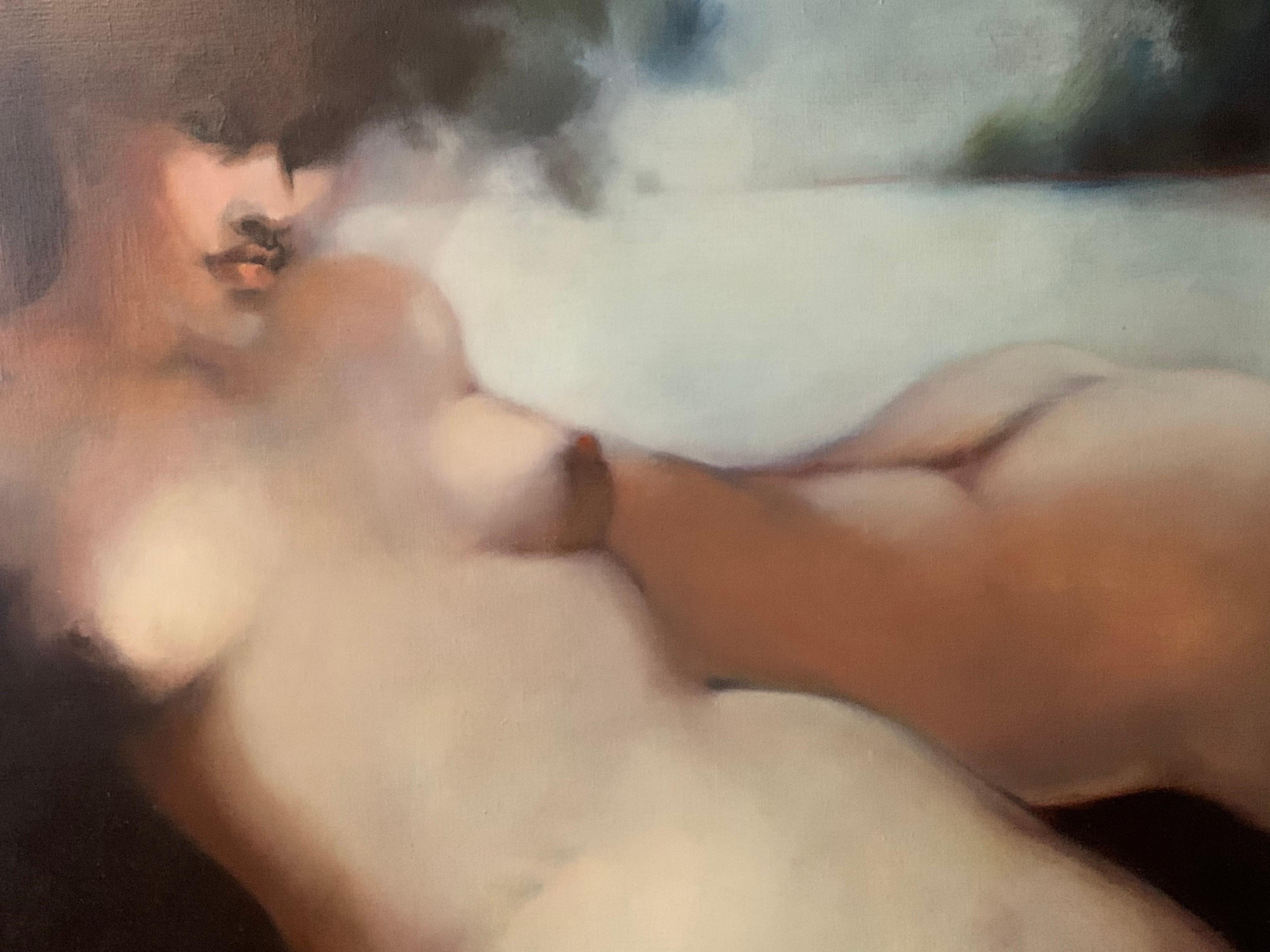 Huge French Modernist Oil Nude Lovers in Landscape - Black Portrait Painting by Michele Salmon