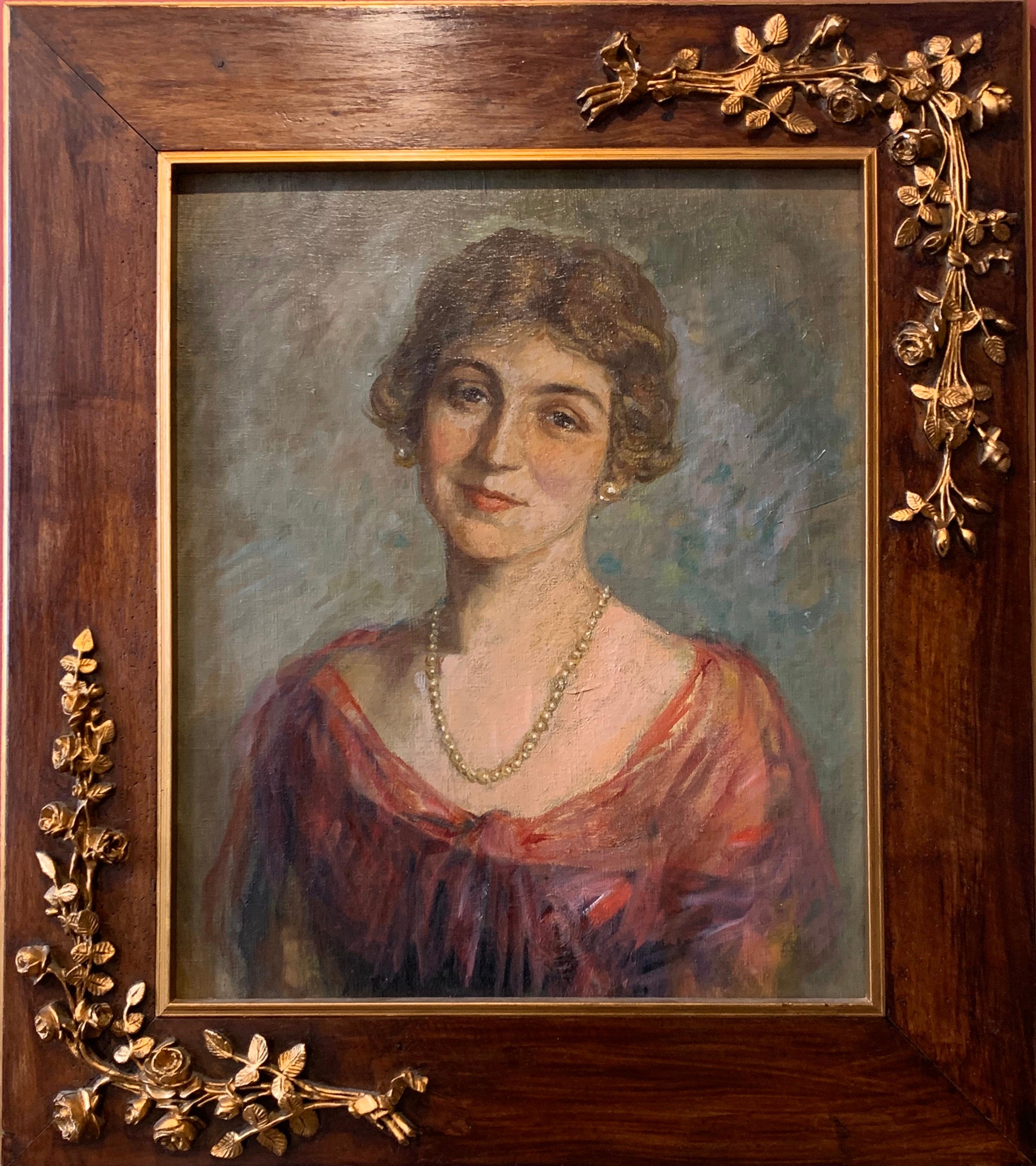 Unknown Portrait Painting - 1920's Portrait of English Society Lady Framed Oil Painting on Canvas