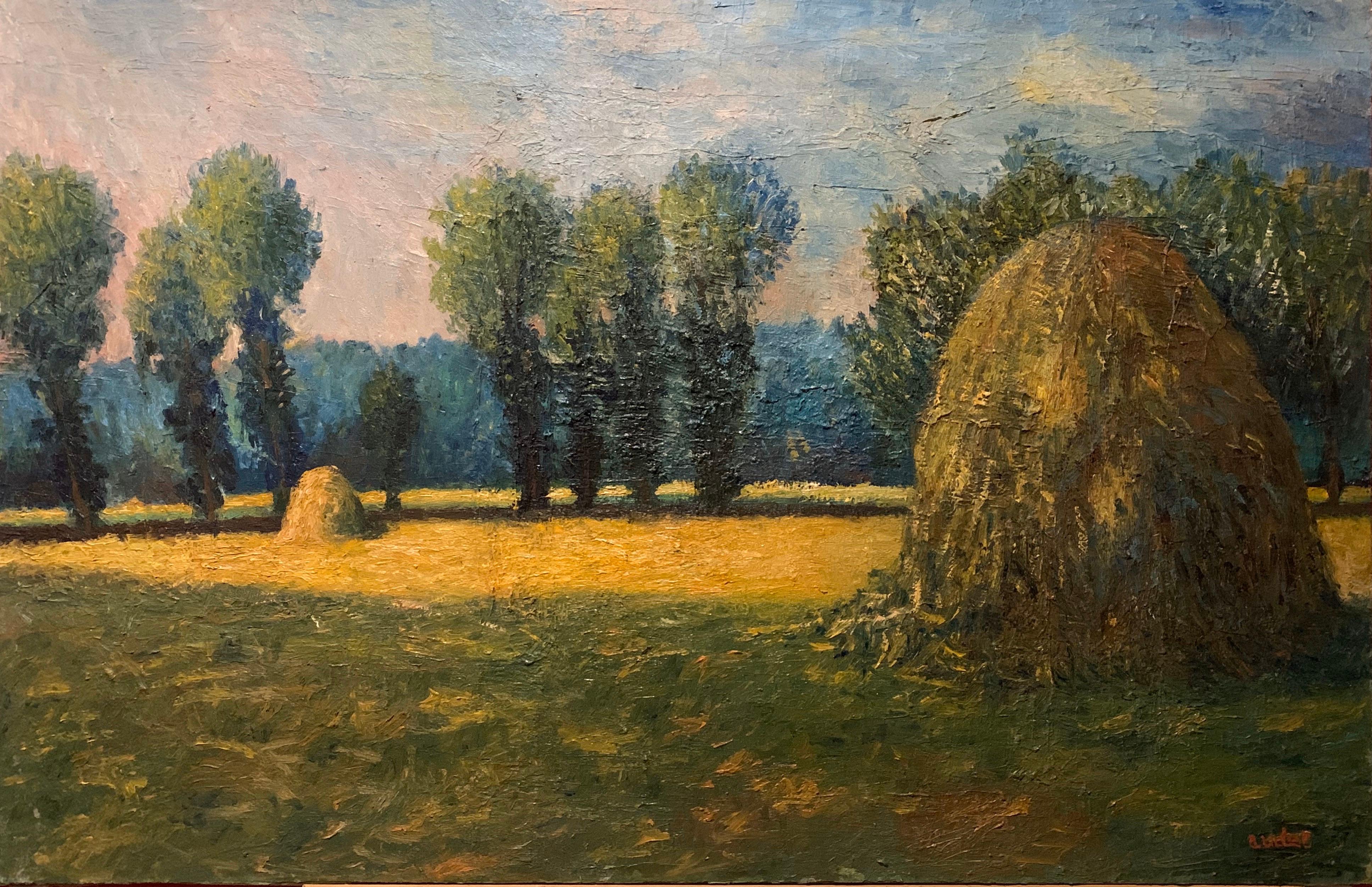 Fernand Audet Landscape Painting - French Impressionist Oil Painting Haystacks at Giverny
