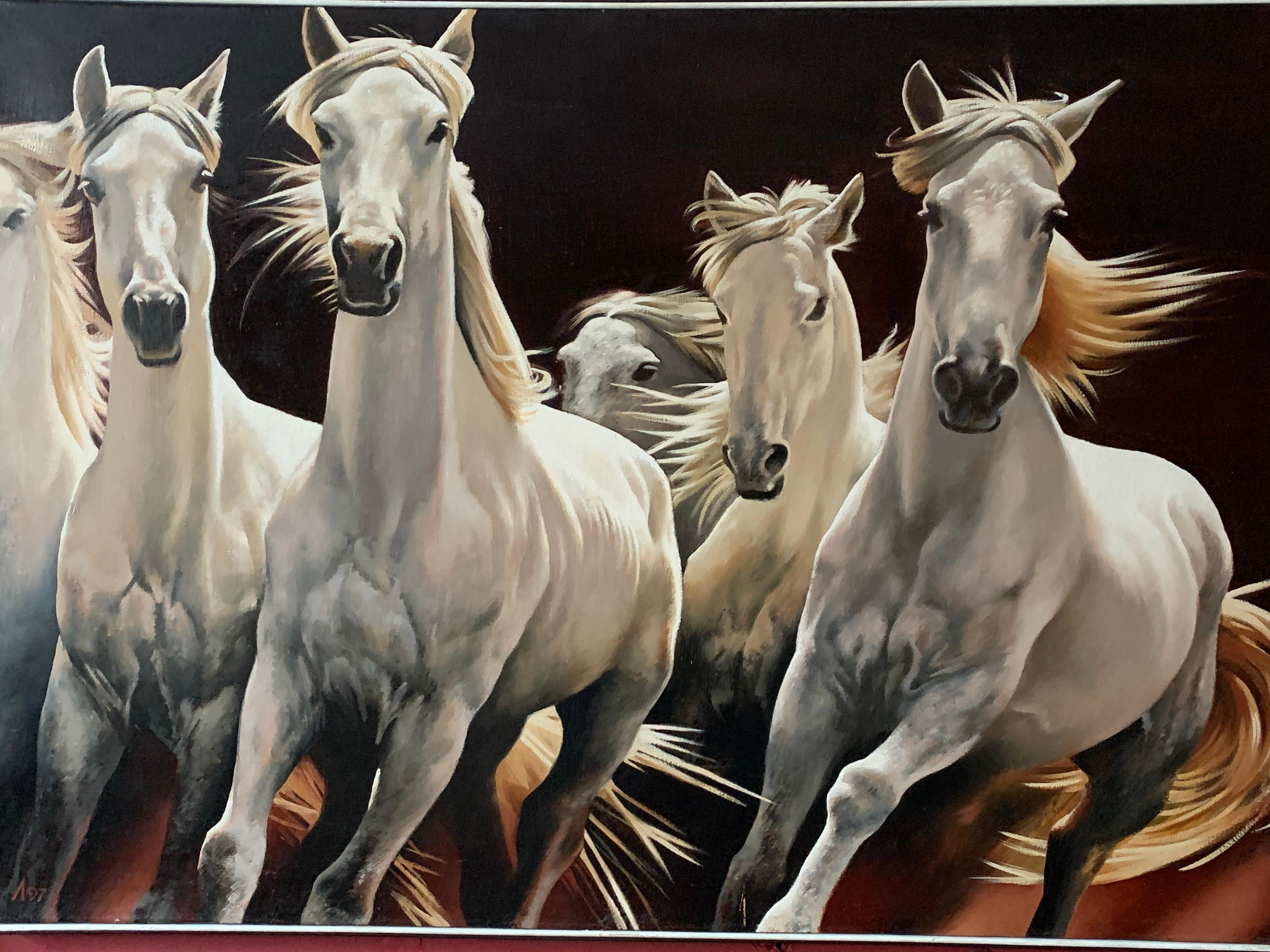 Weiße weiße Pferde:: die frei laufen:: großes russisches signiertes Ölgemälde auf Leinwand – Painting von Lubov Bazanova