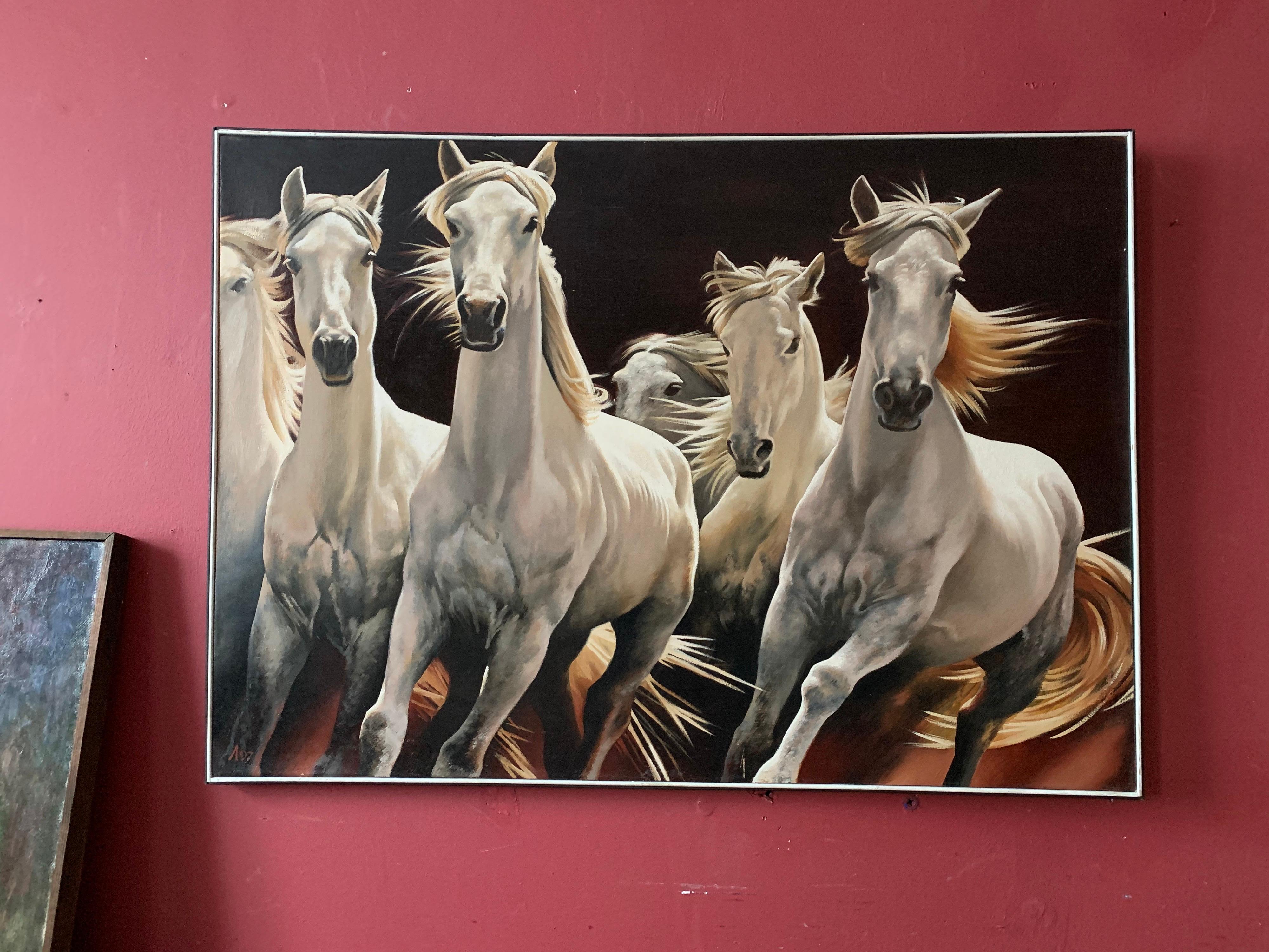 Weiße weiße Pferde:: die frei laufen:: großes russisches signiertes Ölgemälde auf Leinwand (Realismus), Painting, von Lubov Bazanova
