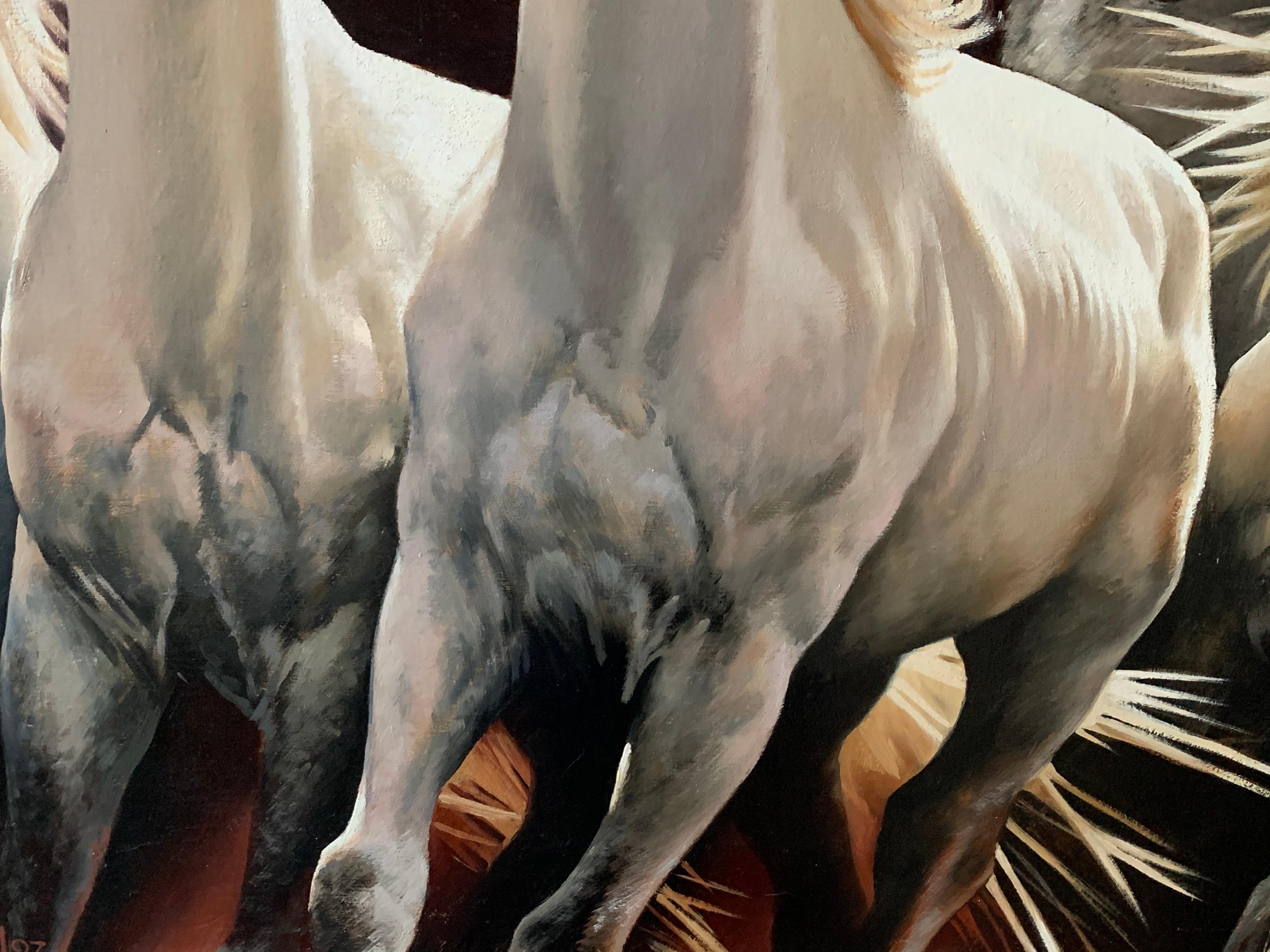 Weiße weiße Pferde:: die frei laufen:: großes russisches signiertes Ölgemälde auf Leinwand (Schwarz), Landscape Painting, von Lubov Bazanova