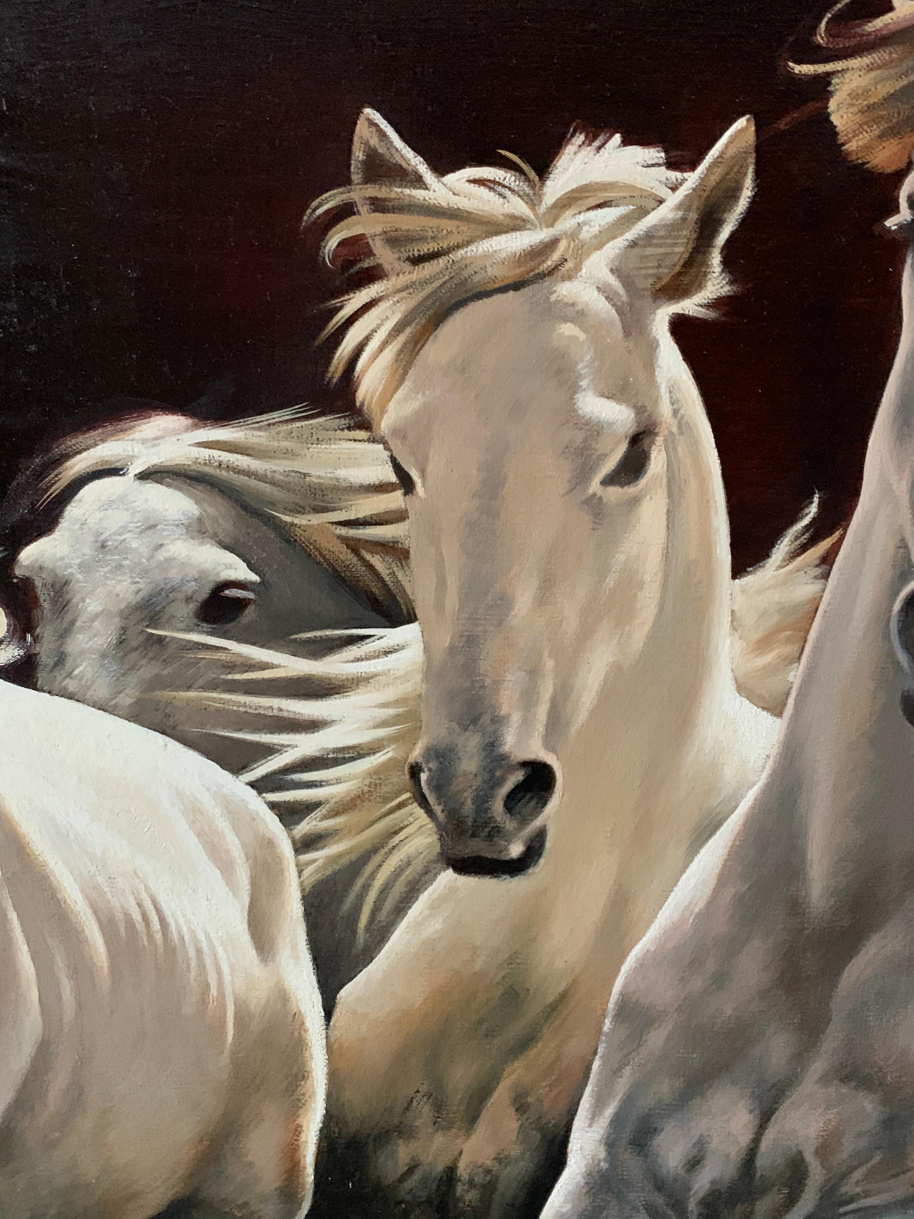 Weiße weiße Pferde:: die frei laufen:: großes russisches signiertes Ölgemälde auf Leinwand 1