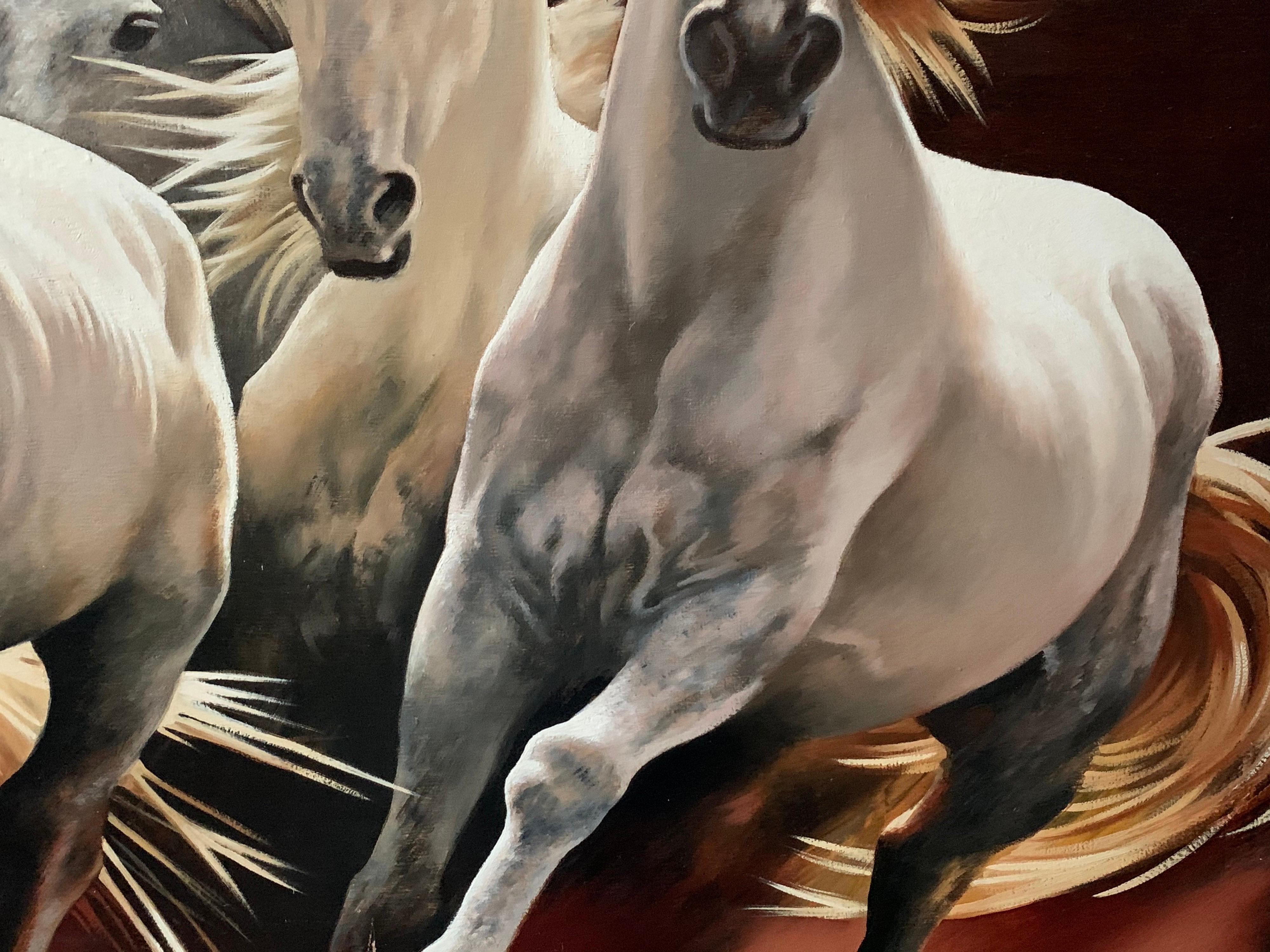 Weiße weiße Pferde:: die frei laufen:: großes russisches signiertes Ölgemälde auf Leinwand 3