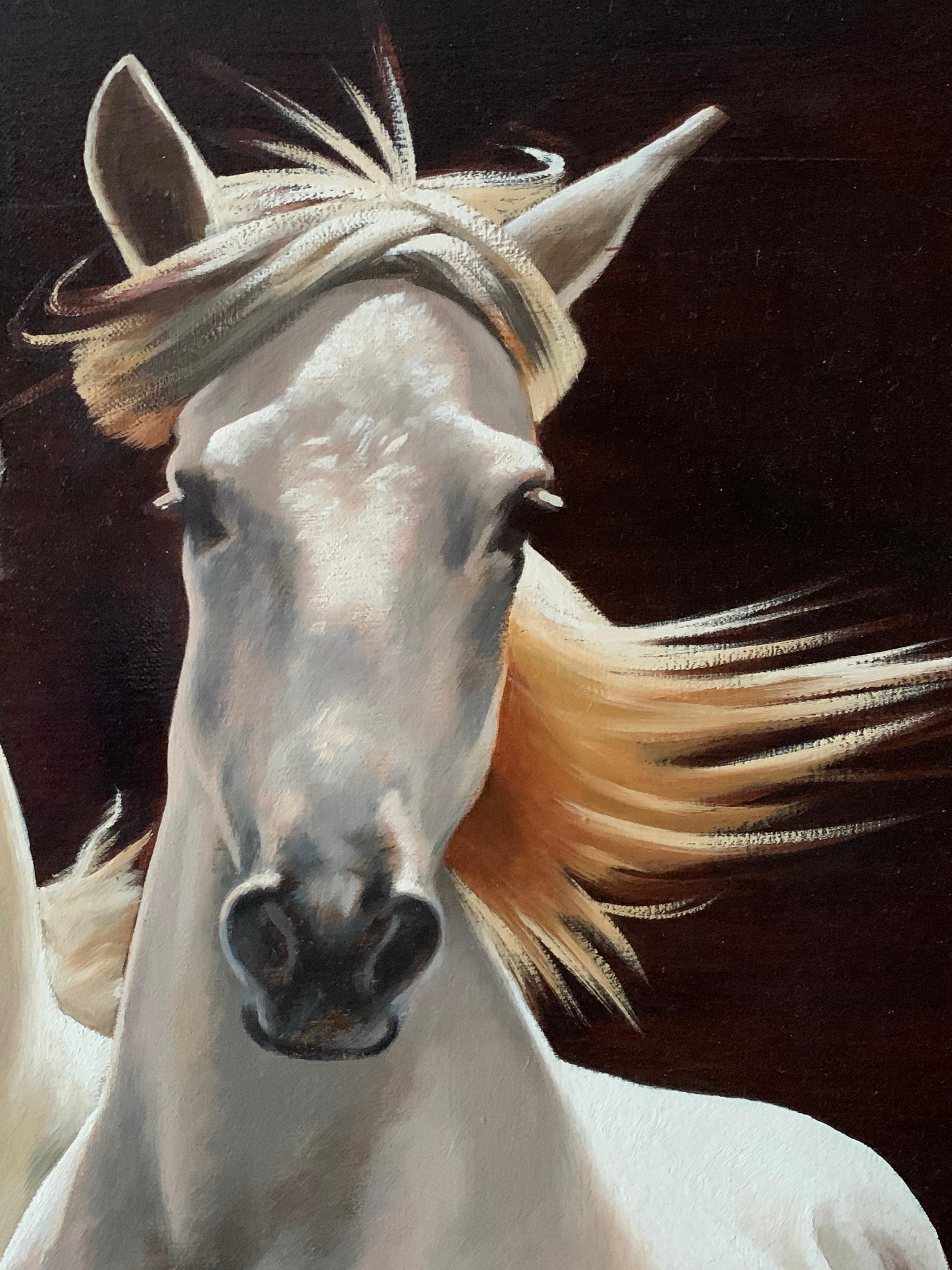 Weiße weiße Pferde:: die frei laufen:: großes russisches signiertes Ölgemälde auf Leinwand 2