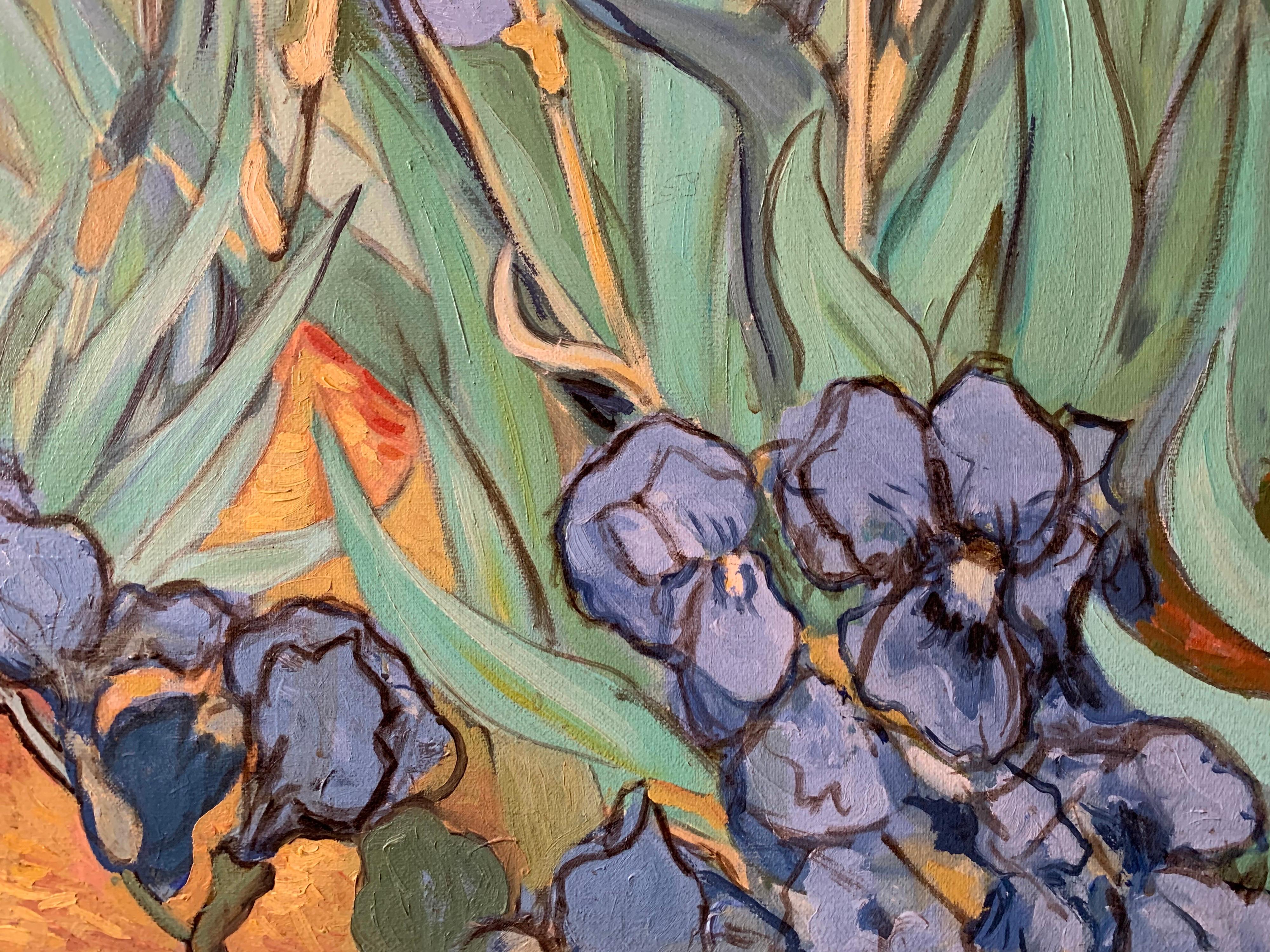 Irises - large French Post Impressionist Oil Painting after Vincent van Gogh - Brown Still-Life Painting by Bernard Fournier
