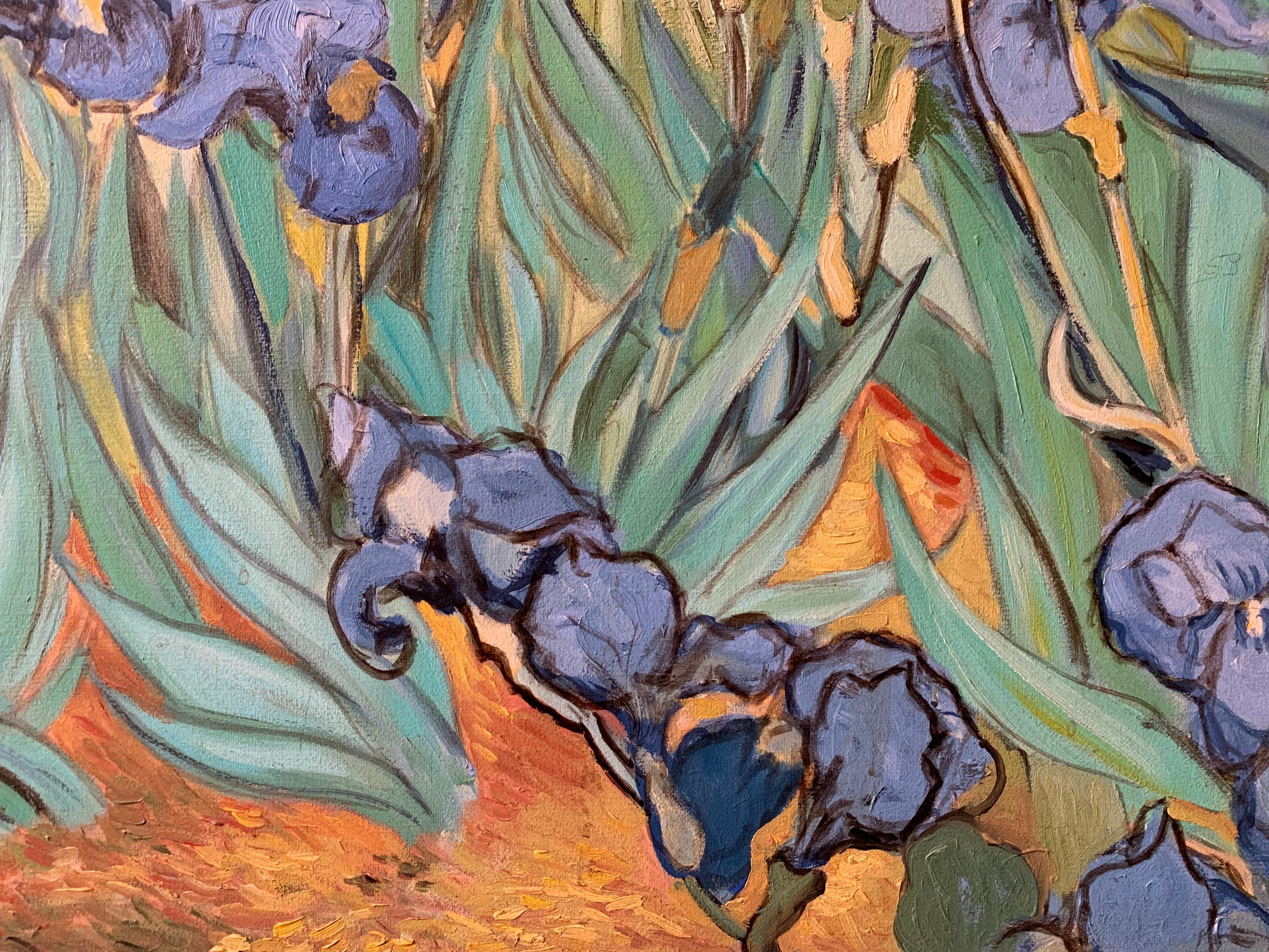 Irises
by Bernard Fournier, French 20th century
after the earlier painting by Vincent van Gogh
oil painting on canvas, framed
framed size: 28.5 x 37 inches

Beautiful large scale oil painting on canvas, copied from the earlier work by Vincent van