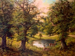 Richmond Park near Ham Antique British Oil Painting Listed Artist Gilt Frame