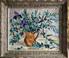 Mid Century French Oil - Olive Branches in Jug Signed & Framed vintage painting