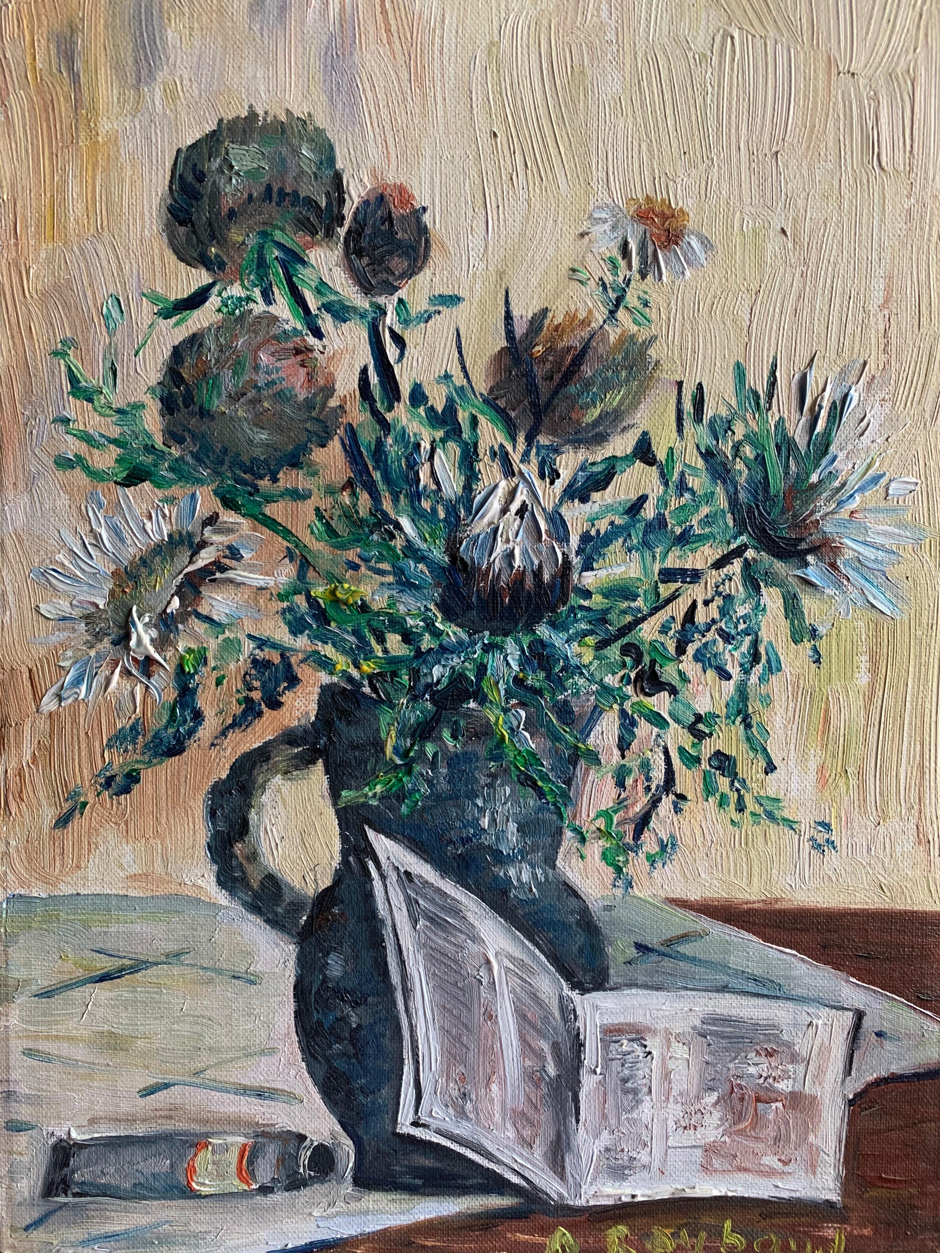 Still-Life Painting G. Raybaud - Peinture à l'huile épaisse vintage française signée, natures mortes fleurs
