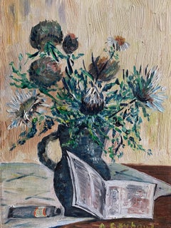 Peinture à l'huile épaisse vintage française signée, natures mortes fleurs