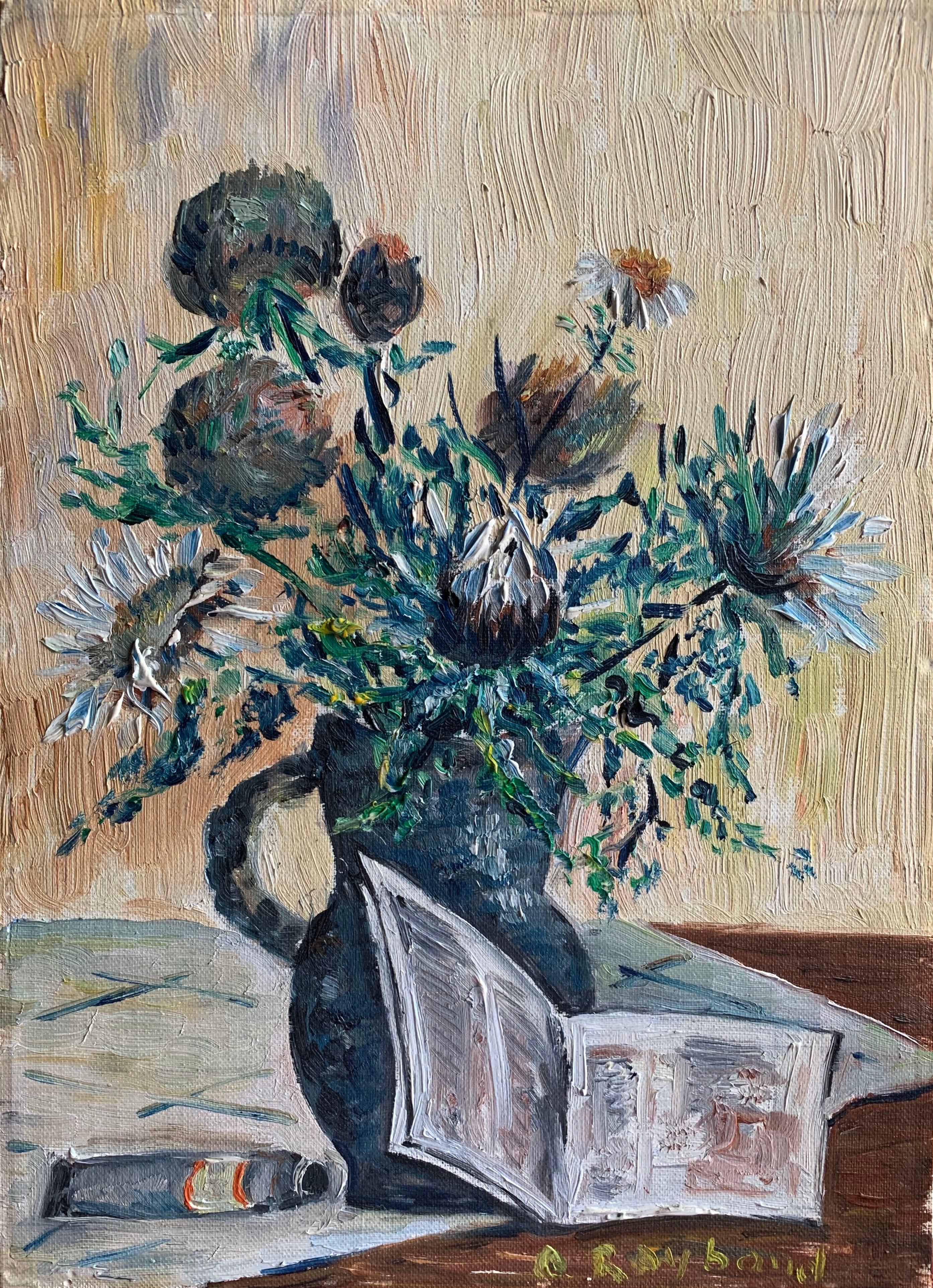 Vintage Französisch signiert Öl Dick Impasto Paint Stillleben Blumen (Impressionismus), Painting, von G. Raybaud