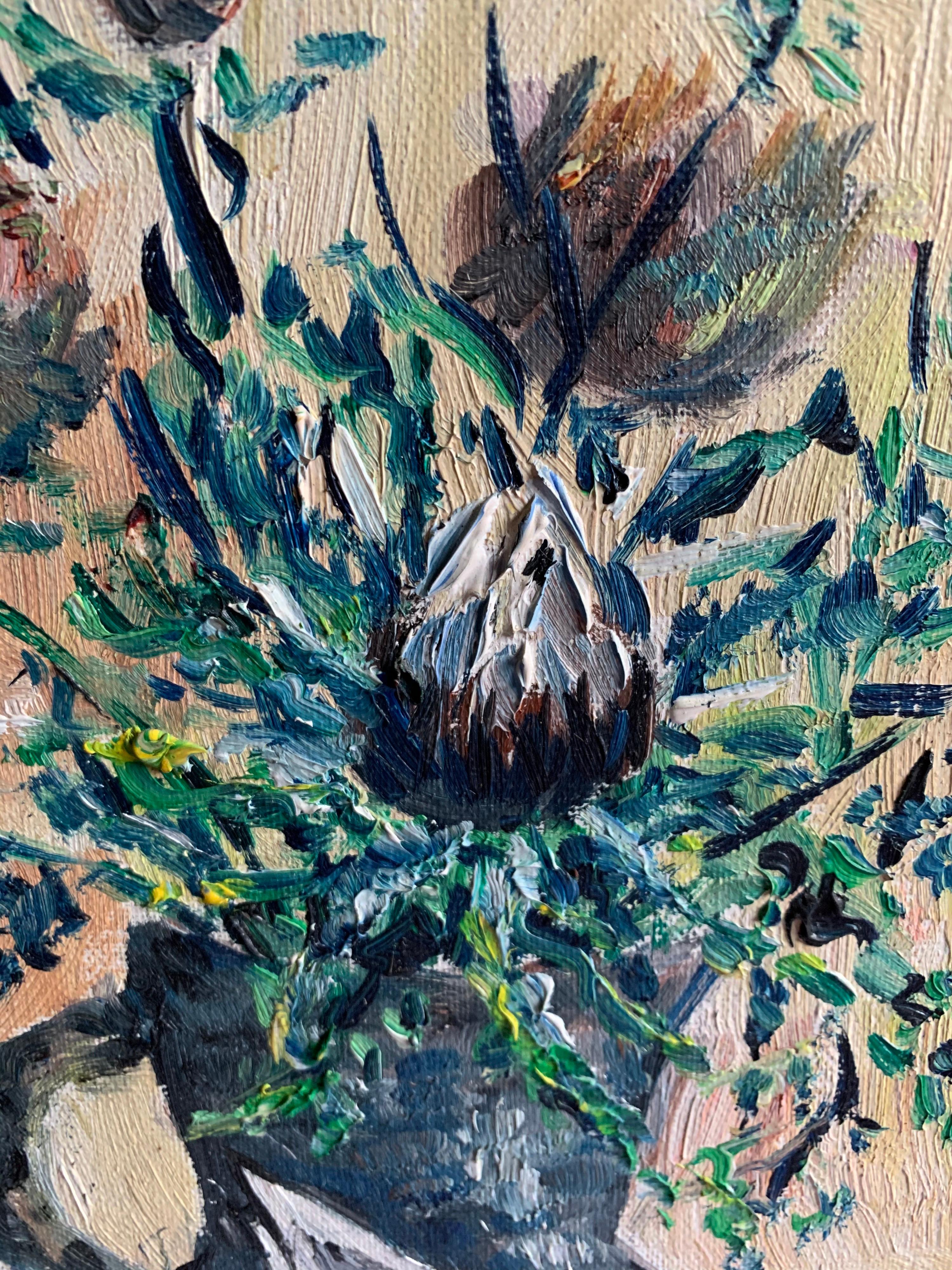 Peinture à l'huile épaisse vintage française signée, natures mortes fleurs en vente 2