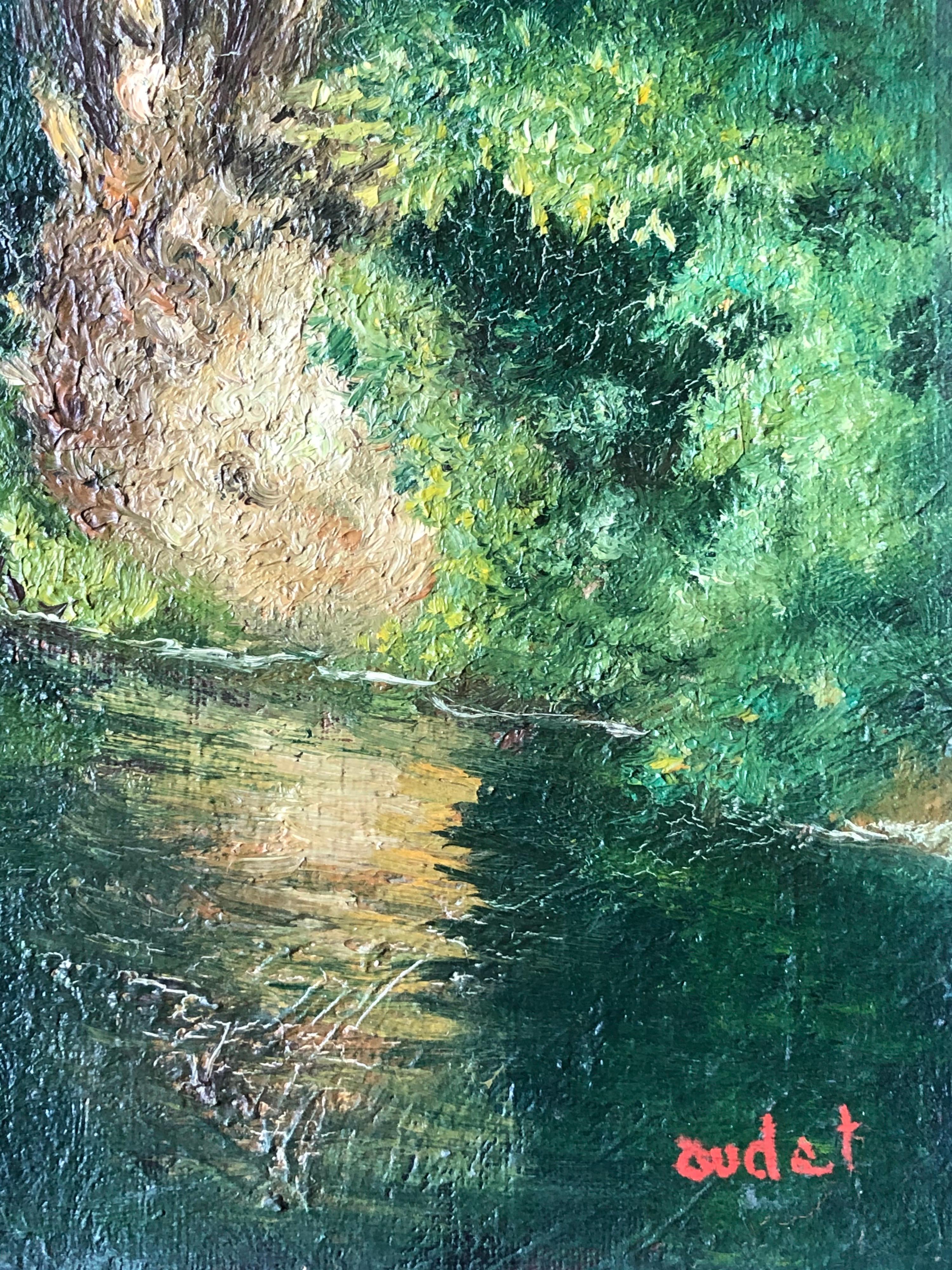 Mid 20th Century French Impasto Oil Painting on Canvas Dappled Light River - Black Abstract Painting by Fernand Audet