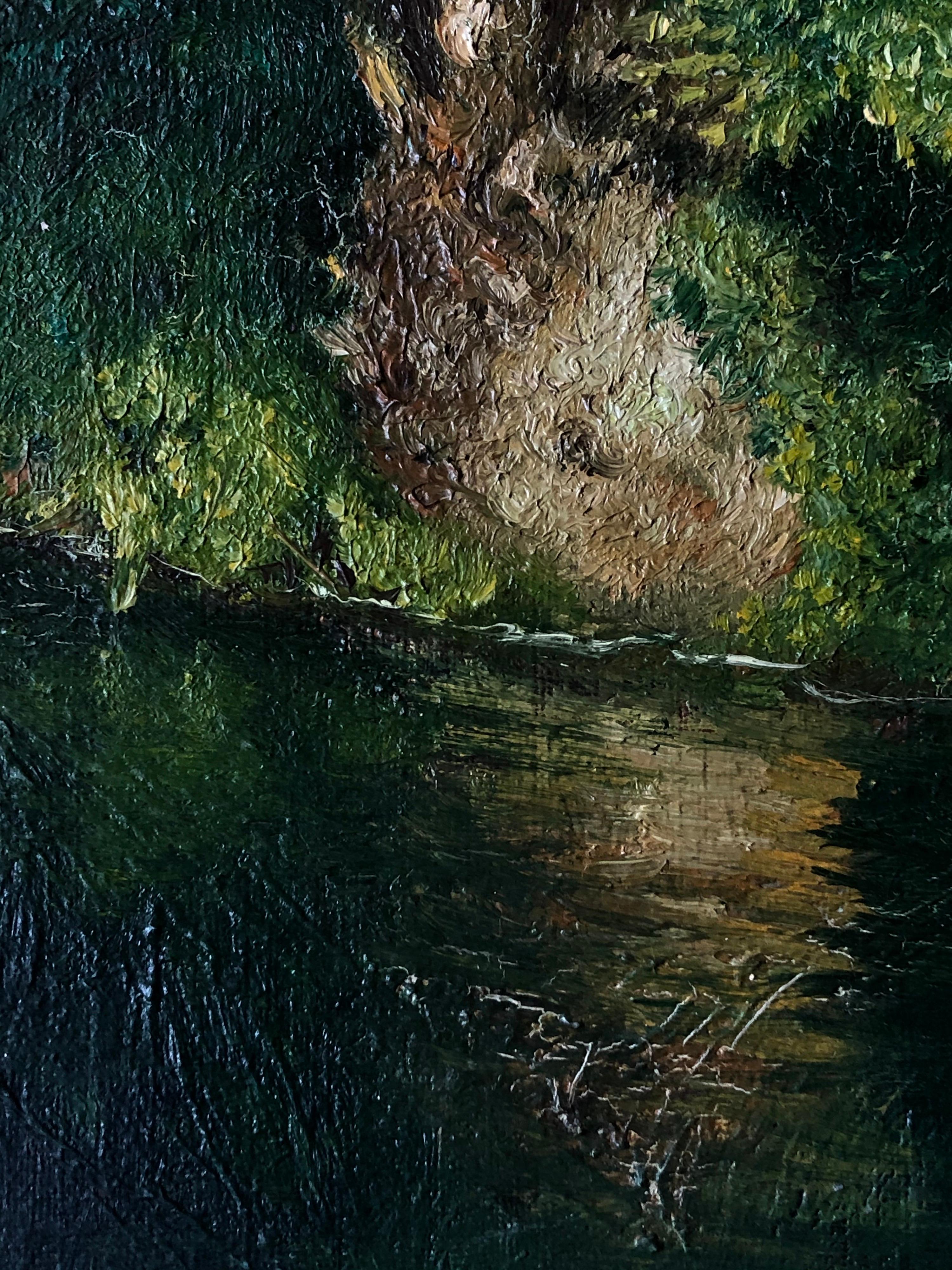 Mid 20th Century French Impasto Oil Painting on Canvas Dappled Light River 1