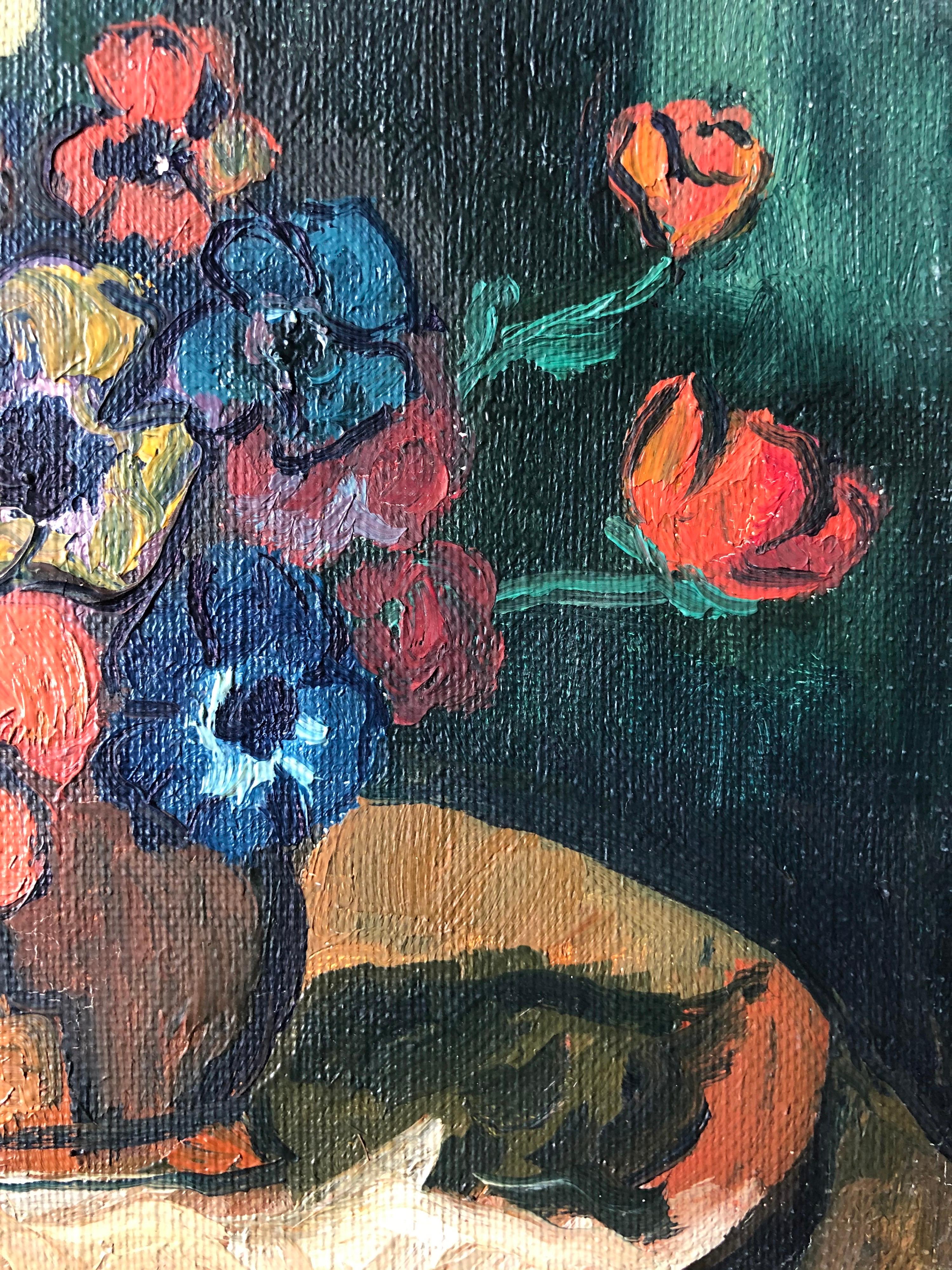 Still Life of Flowers
by Fernand Audet (French, Tarascon 1923 - Mulhouse 2016)
oil painting on canvas, unframed, on stretcher frame

size: 6.25 x 8.5 inches

Beautiful colours depicting this vibrant and alive still life painting. Audet very much