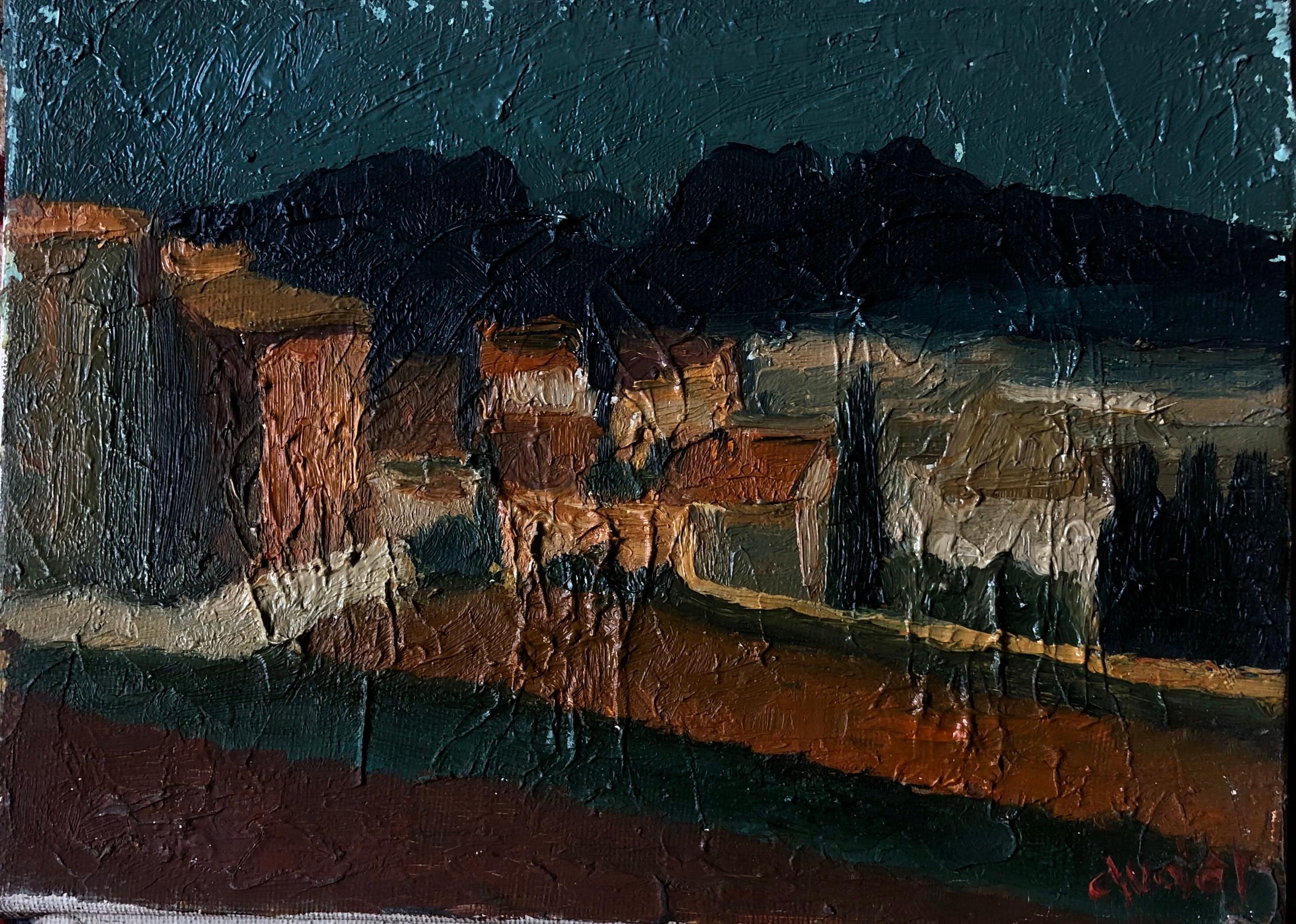 Fernand Audet Landscape Painting - Mid 20th Century French Impasto Oil Painting Village at Dusk