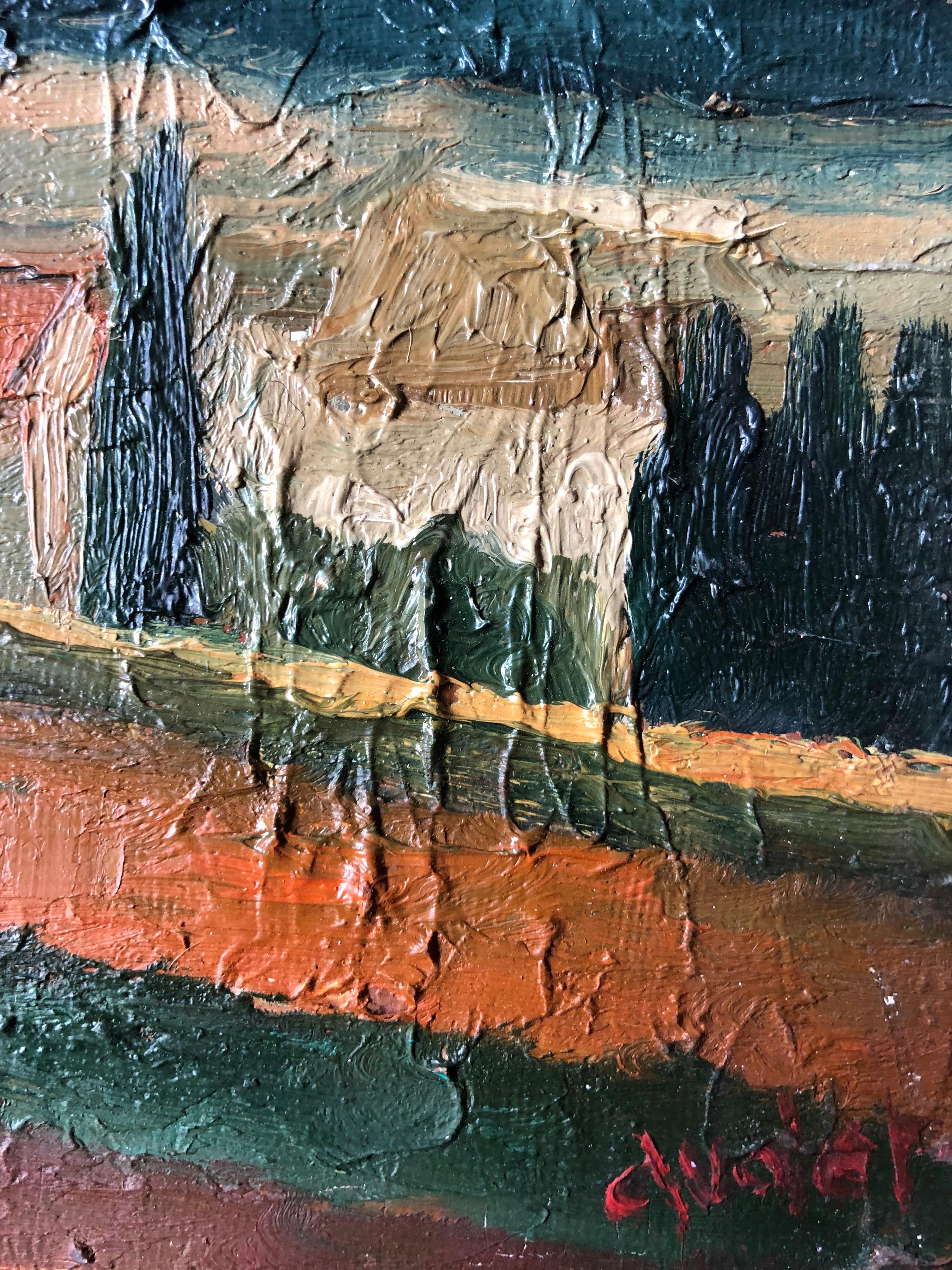 Mid 20th Century French Impasto Oil Painting Village at Dusk 1