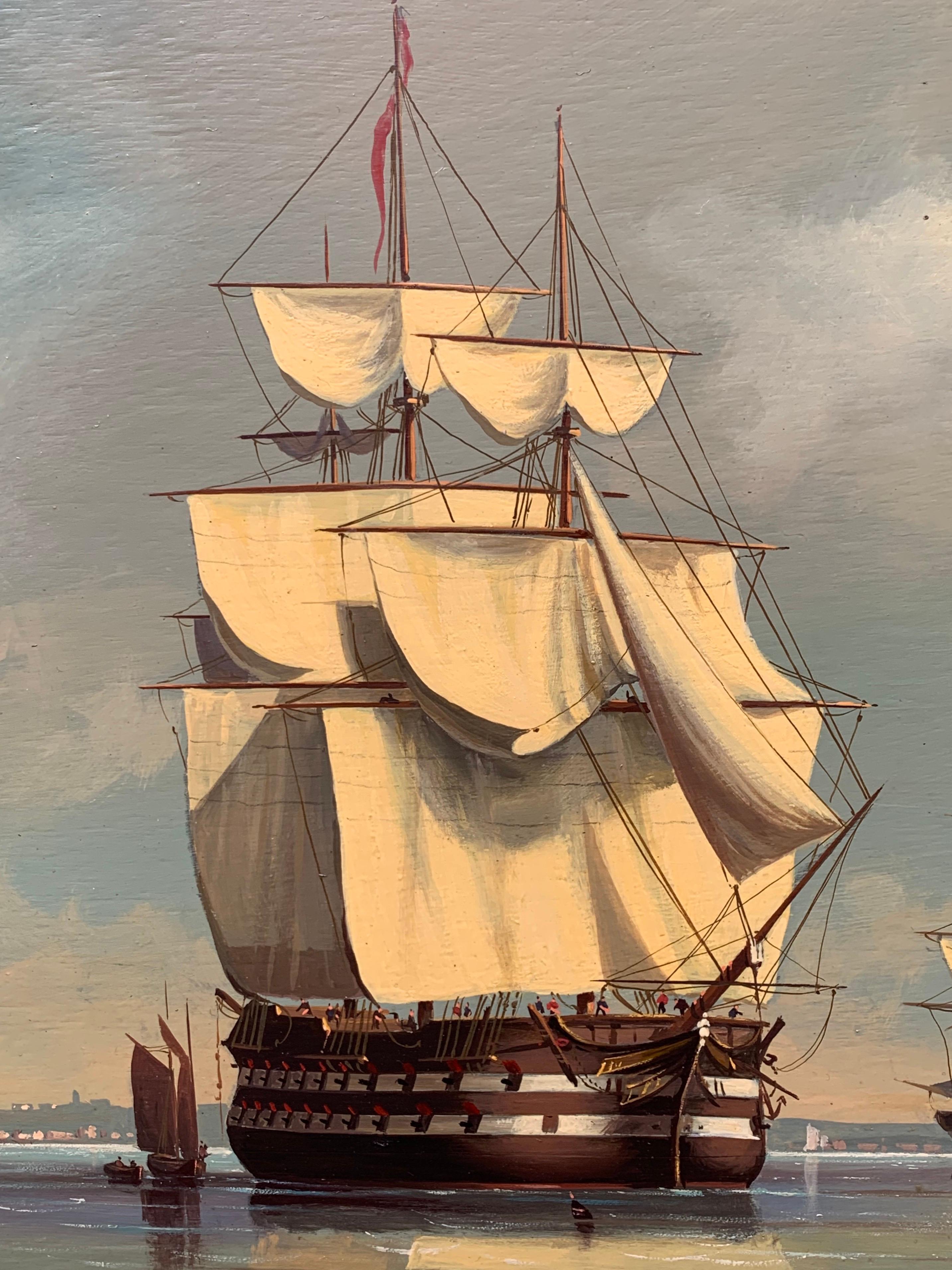Man o War Portsmouth Harbour Large Historical Marine Oil Painting - Brown Landscape Painting by Salvatore Colacicco