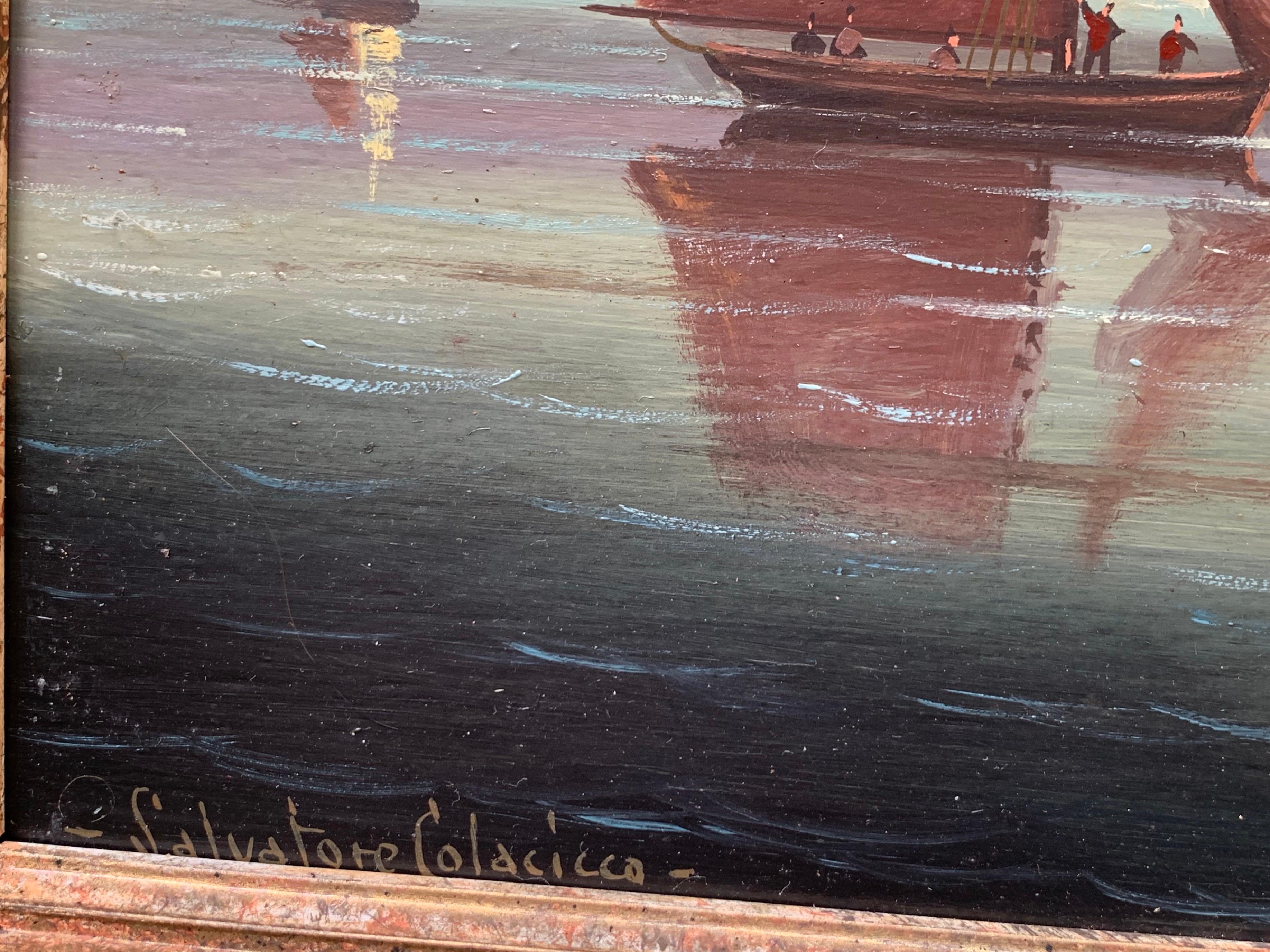 Man o War Portsmouth Harbour
by Salvatore Colacicco (Italian b.1935)
signed lower left, titled verso
oil painting on panel, framed
panel: 16 x 24 inches
framed: 23 x 31 inches

Fine quality maritime oil painting by the painter of historical marine