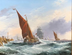 Dutch Barges in Estuary Fine Marine Oil Painting on Canvas Gilt Framed