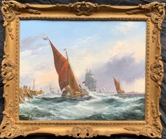 Vintage Dutch Barges in Estuary Fine Marine Oil Painting on Canvas Gilt Framed