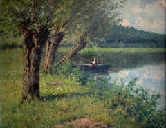 Fishing from the Boat Large 1900's Impressionist Oil Painting on Canvas