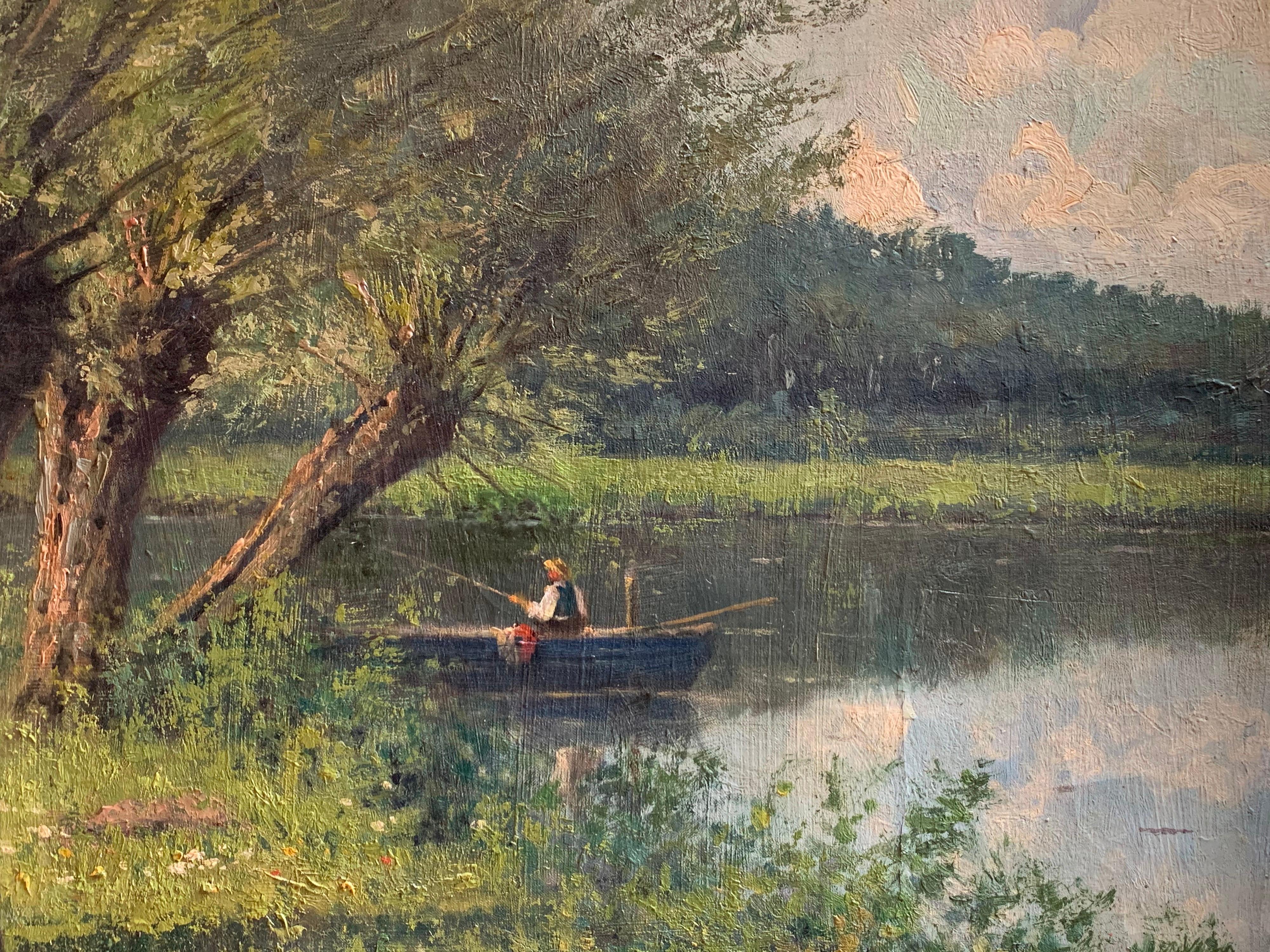 Fishing from the Boat Large 1900's Impressionist Oil Painting on Canvas - Gray Landscape Painting by JOHN WIGGIN (1865-1941) 