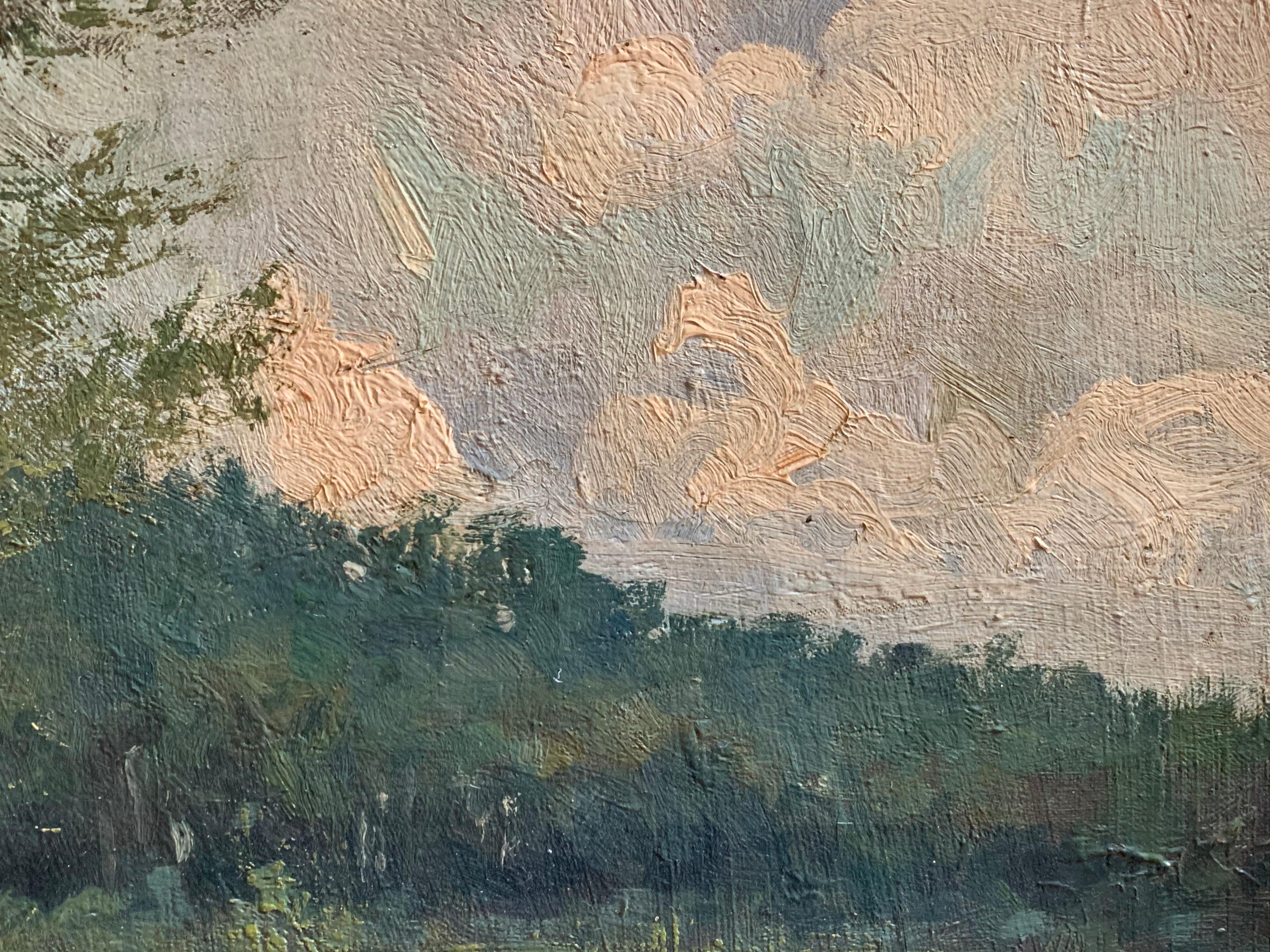 Fishing from the Boat Large 1900's Impressionist Oil Painting on Canvas 1