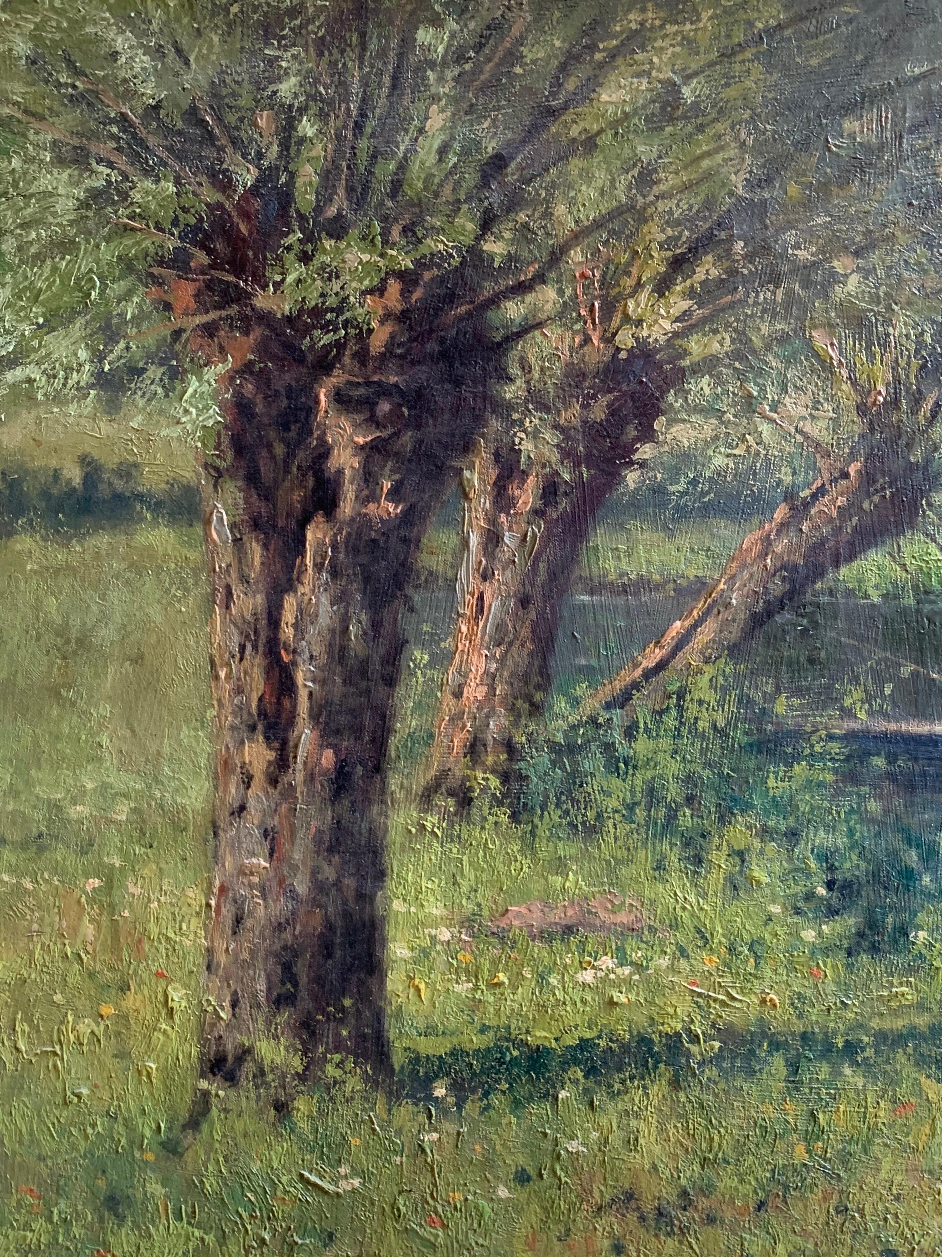 Fishing from the Boat Large 1900's Impressionist Oil Painting on Canvas 2
