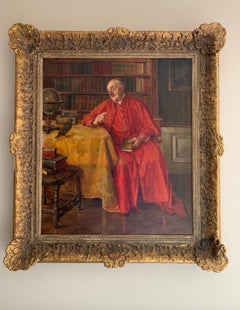Cardinal in Book Lined Study Interior with Pet Bird Large Oil Painting on Canvas