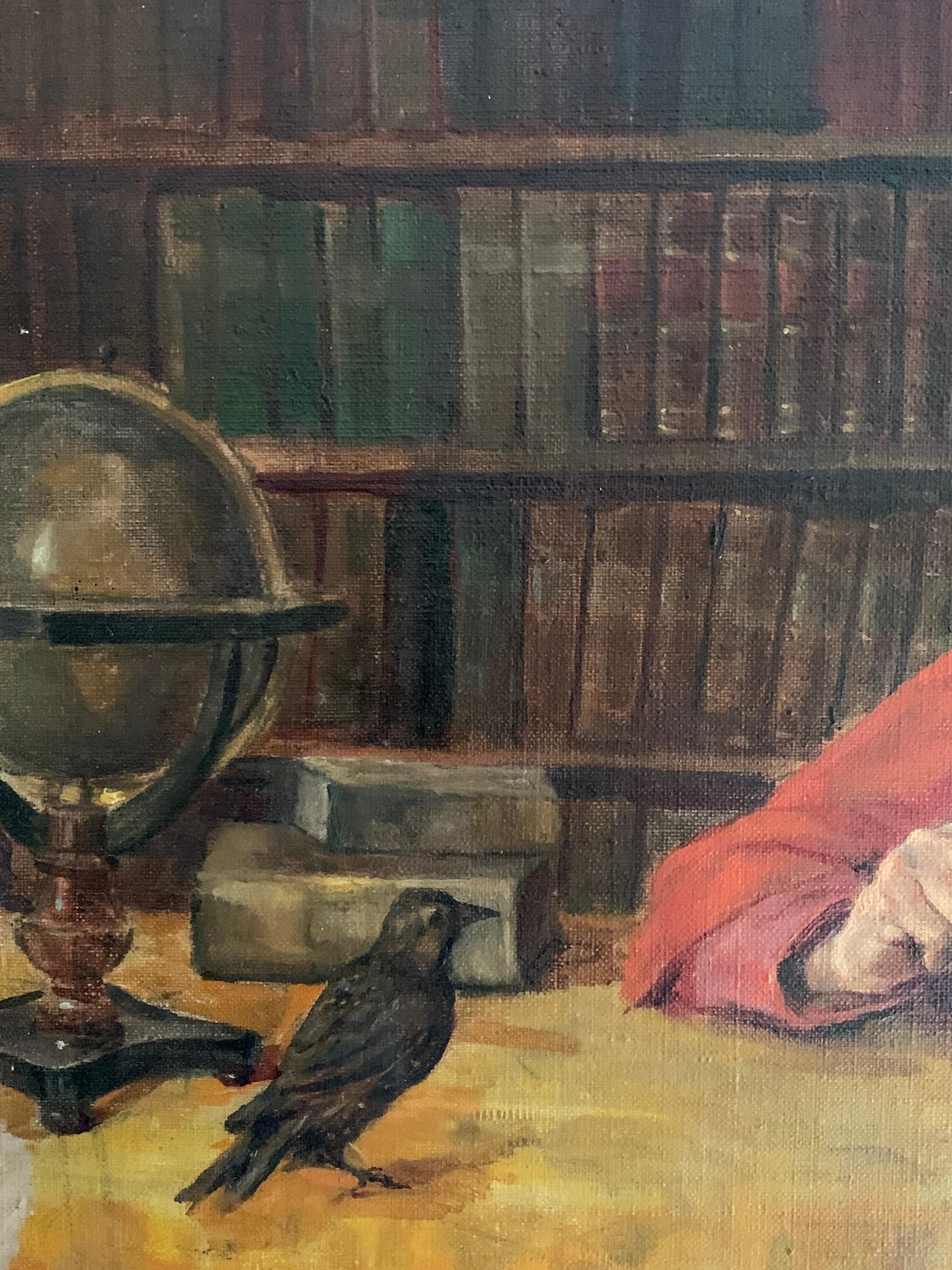 Cardinal in Book Lined Study Interior with Pet Bird Large Oil Painting on Canvas 2