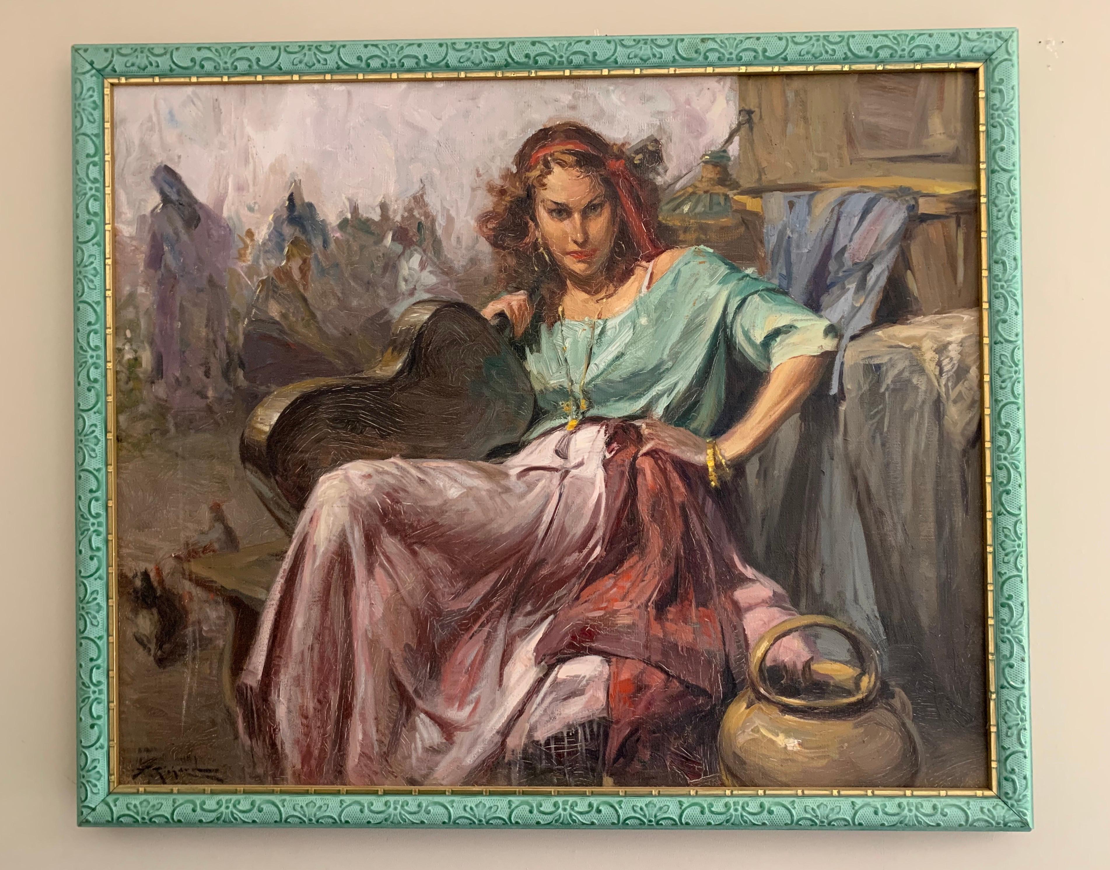 The Guitar Playing Girl - Beautiful Large oil painting on canvas Green Frame - Painting by Richard Durand Togo