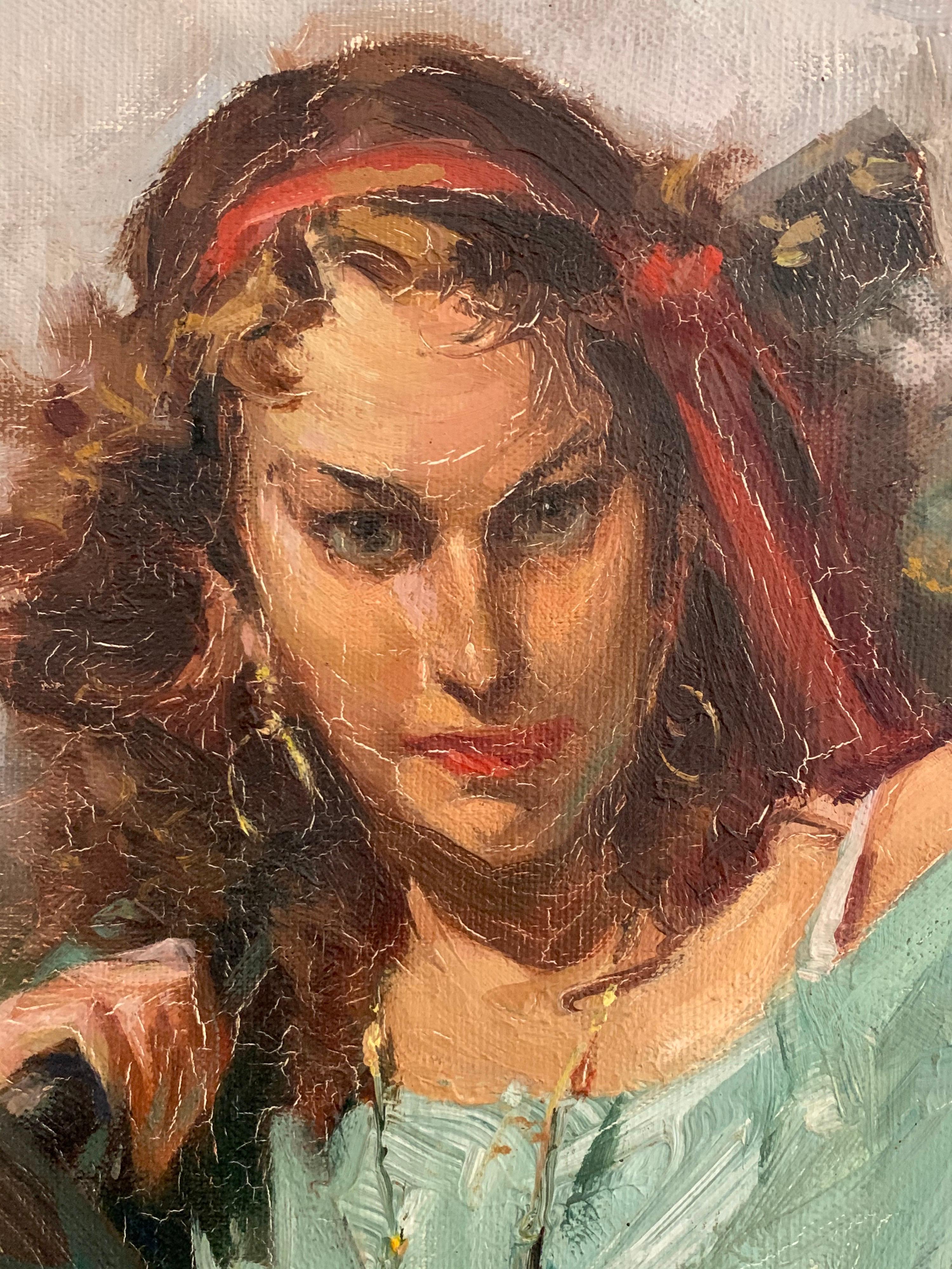 The Guitar Playing Girl - Beautiful Large oil painting on canvas Green Frame 1