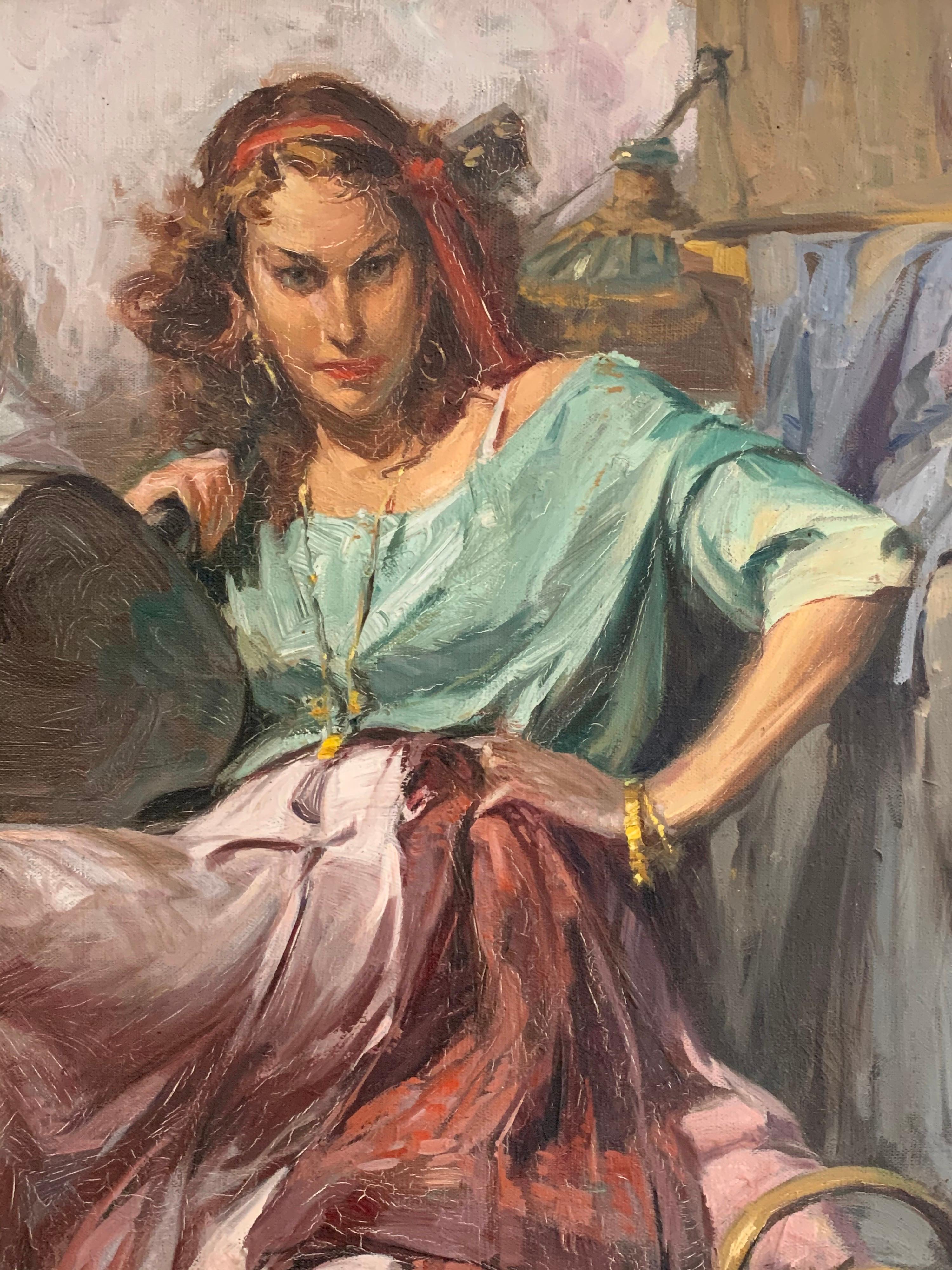 The Guitar Playing Girl - Beautiful Large oil painting on canvas Green Frame 2