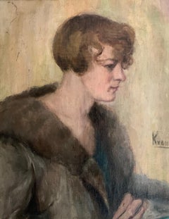 Ritratto di giovane donna di società con cappotto di pelliccia, dipinto a olio firmato e incorniciato, anni '30