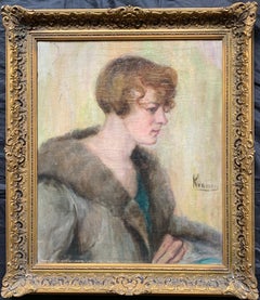 1930's Portrait of Young Society Lady in Fur Coat, Signed Oil Painting Framed