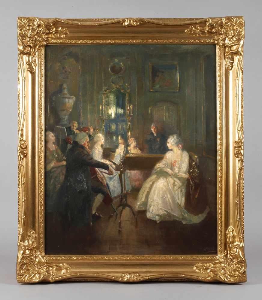 Walter Geffcken Figurative Painting - Rococo Elegant Interior with Musicians Playing to Guests Large Oil Painting 