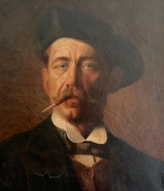 19TH CENTURY FRENCH OIL - PORTRAIT OF MUSTACHED MAN SMOKING CIGARETTE