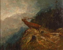 Antique Stag Roaring in Mountain Landscape Large Signed Oil Painting on Canvas framed